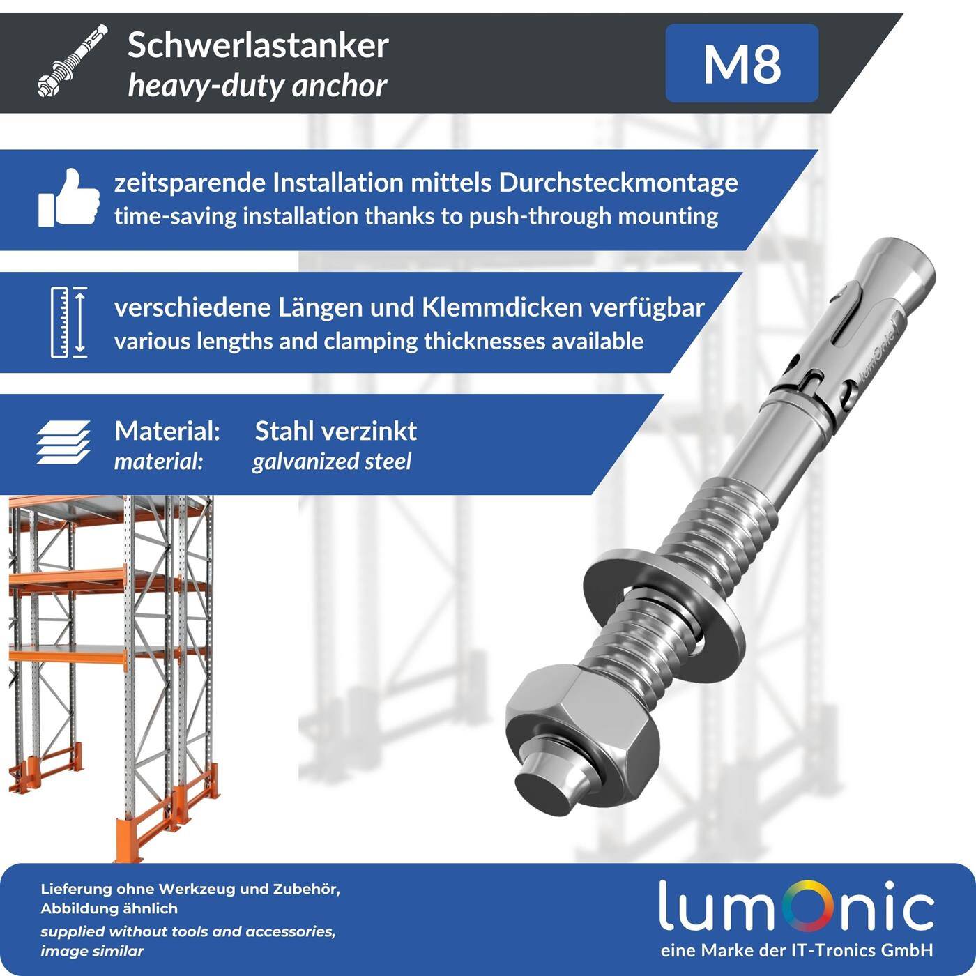 Lumonic Heavy Duty Anchor M8 x 80mm | High-quality galvanized wedge anchors | Push-through mounting, IMMEDIATELY LOADABLE | Concrete anchor, Heavy duty anchor | for canopies, Railing, Shelves, Partition walls