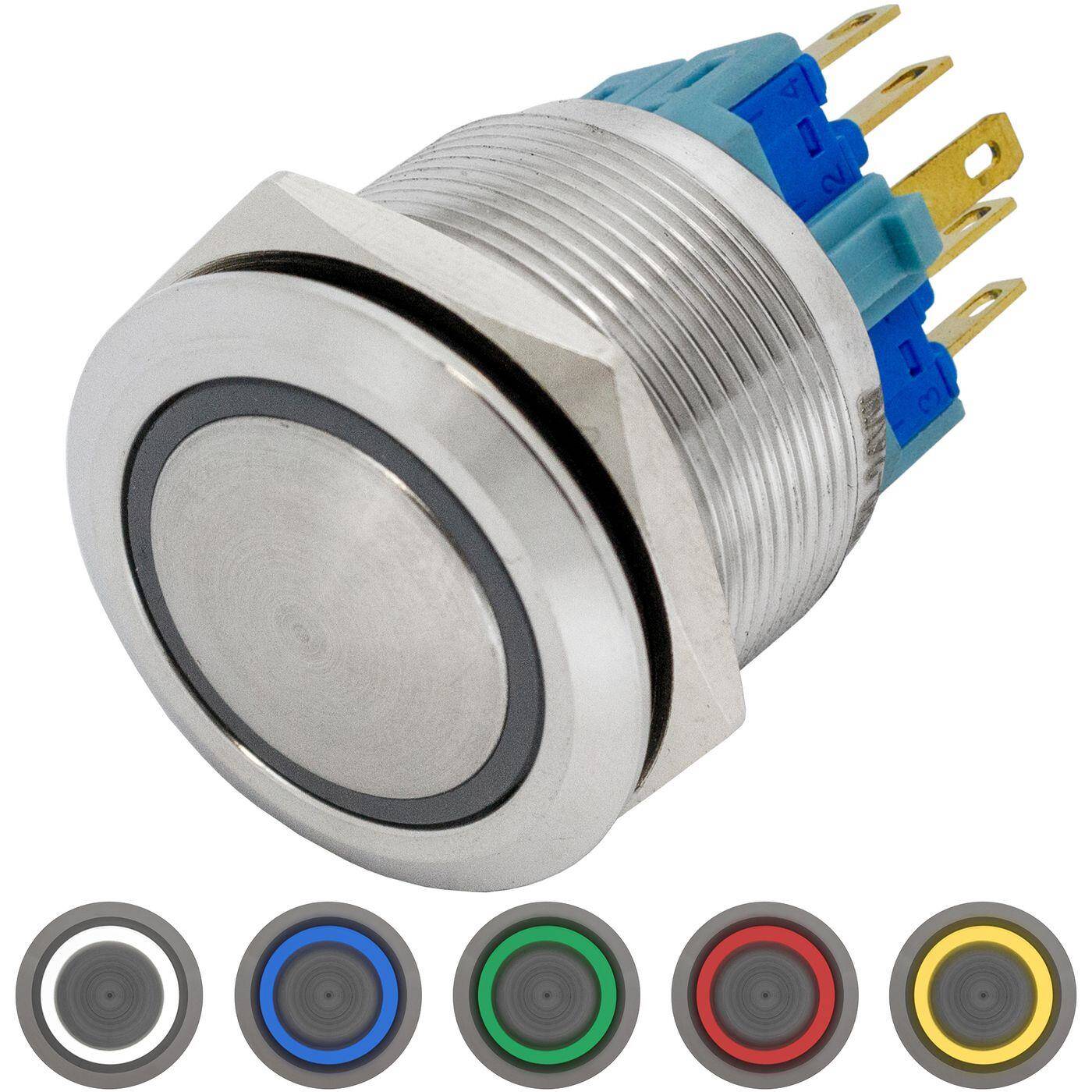 Stainless steel Pressure switch domed Ø22mm Ring LED Cold White IP65 2,8x0,5mm Pins 250V 3A Vandal-proof
