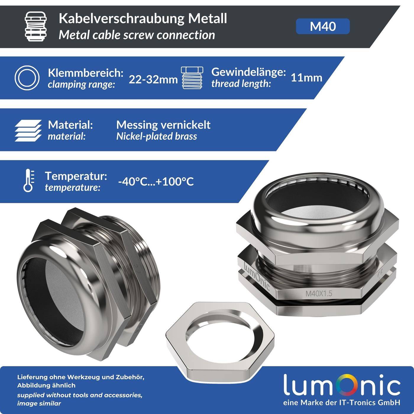 Lumonic Metal cable gland M40 | Clamping range 22-32mm | IP68 | with locknut | Nickel-plated brass, EMC | -40...+100°C | corresponds to PG29