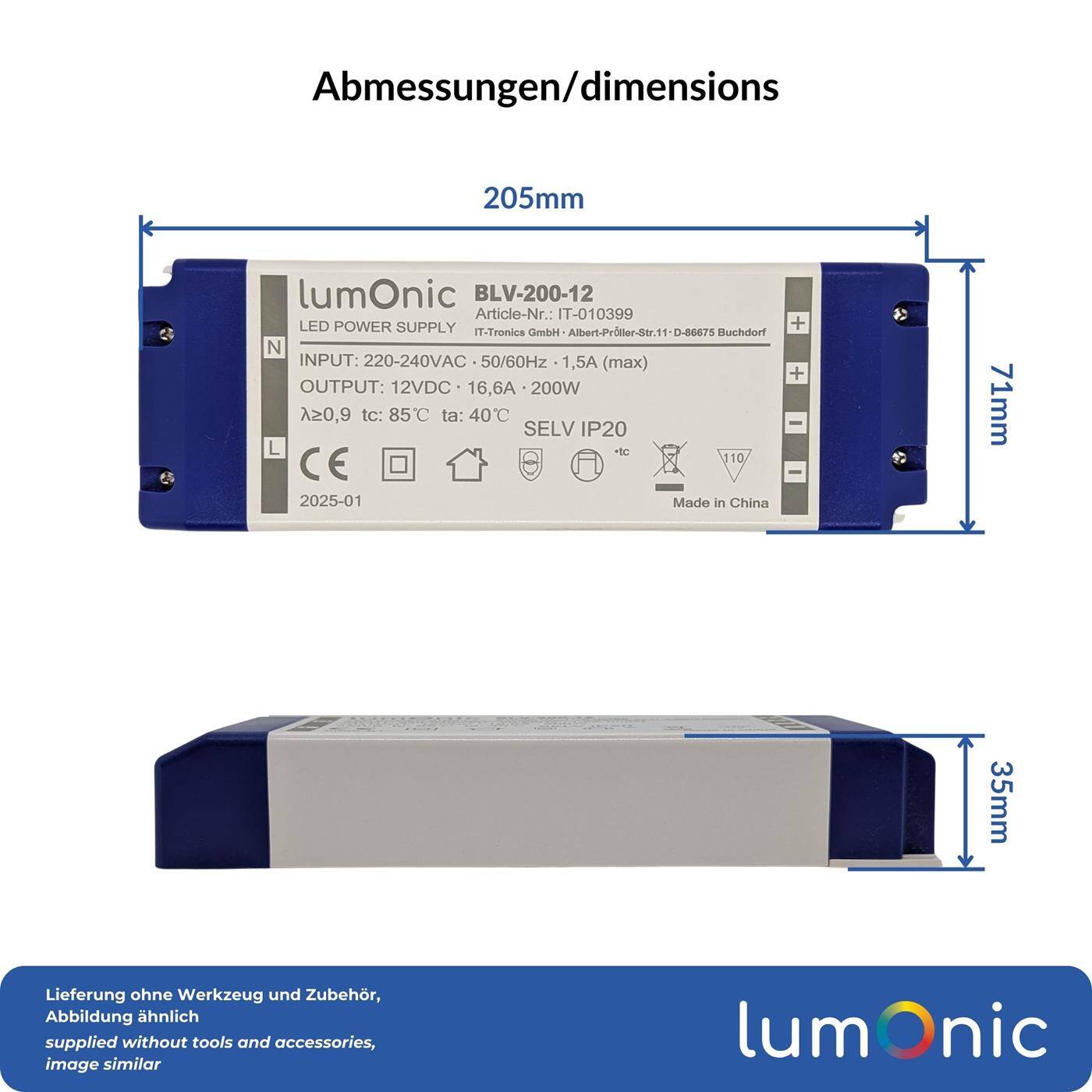 Lumonic I LED transformer BLV-200-12 I 12V 200W I Input 220-230VAC I flicker-free I Overload protection I LED power supply unit I for LED lighting