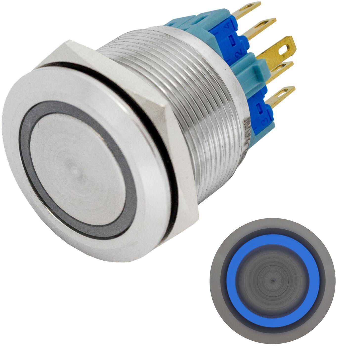 Lumonic Edelstahl Drucktaster flach 25mm Durchmesser I Mit einer Ring LED in Blau Maße: 2,8x0,5mm Pin s 250V 3A I Vandalismussicher nach dem IP65 Standard