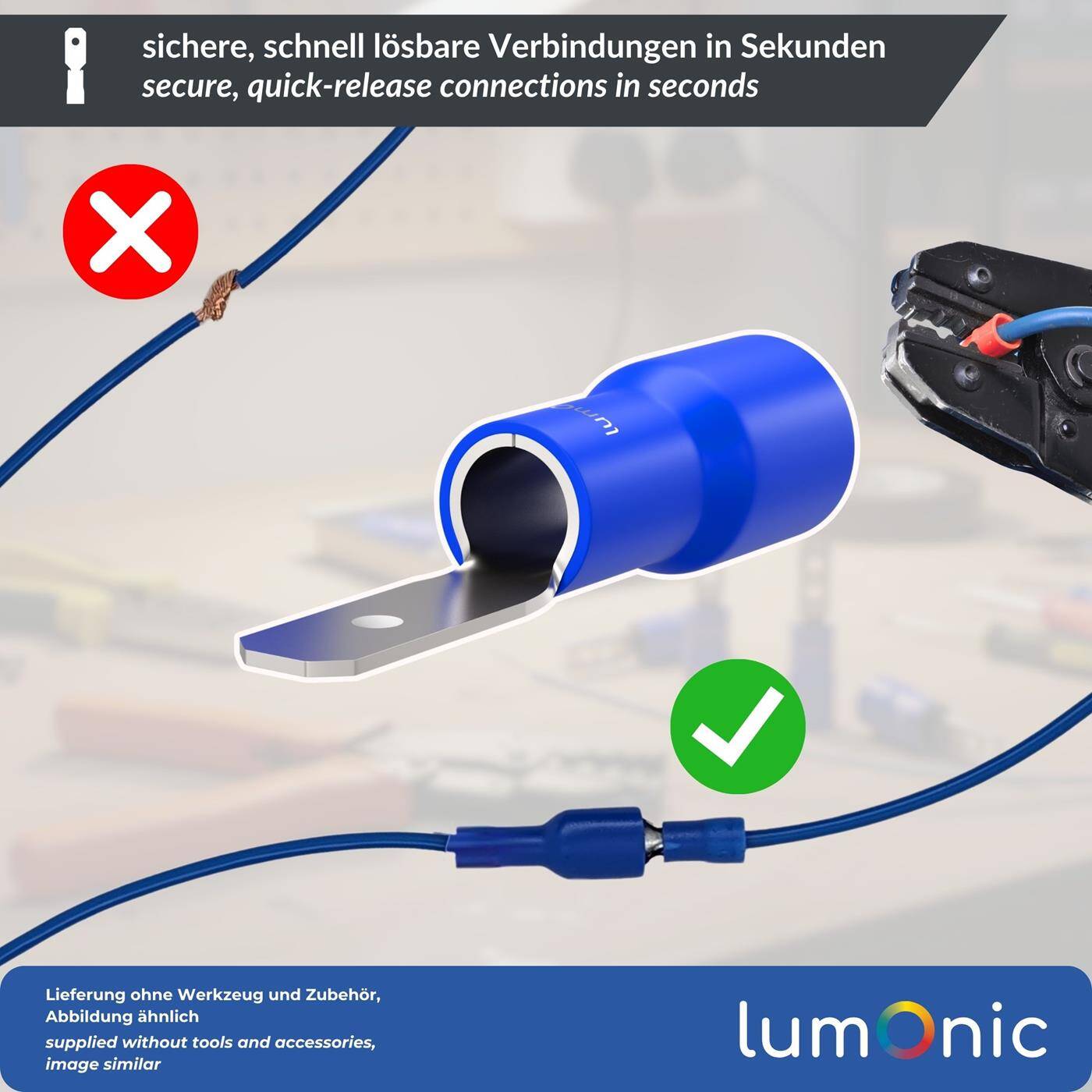 Lumonic 25x Flat plug 1,5-2,5mm²  | for blade receptacle 0,8 x 2,8mm | Partially insulated | Cable connector without soldering | Tin-plated brass | Automotive, mechanical engineering