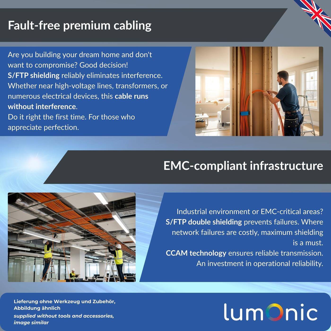 Lumonic LAN Network cable 100m | LAN Cable CAT6 S/FTP | Installation Cable 4x 2x AWG24/1 (solid) | 250MHz 10 Gbit/s Ethernet