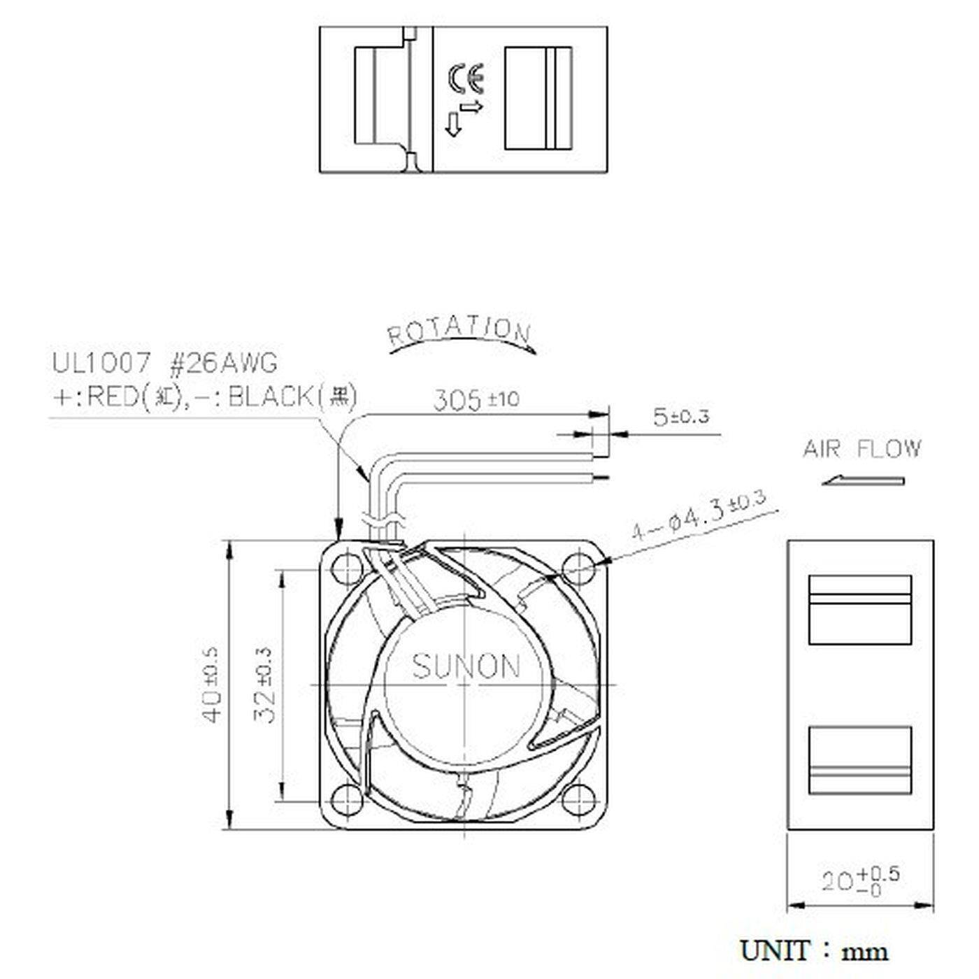 Fan 12V DC 0,38W 40x40x20mm 9,3m³/h 4500U/Min 9,3m³/h Sunon HA40201V41000UA99