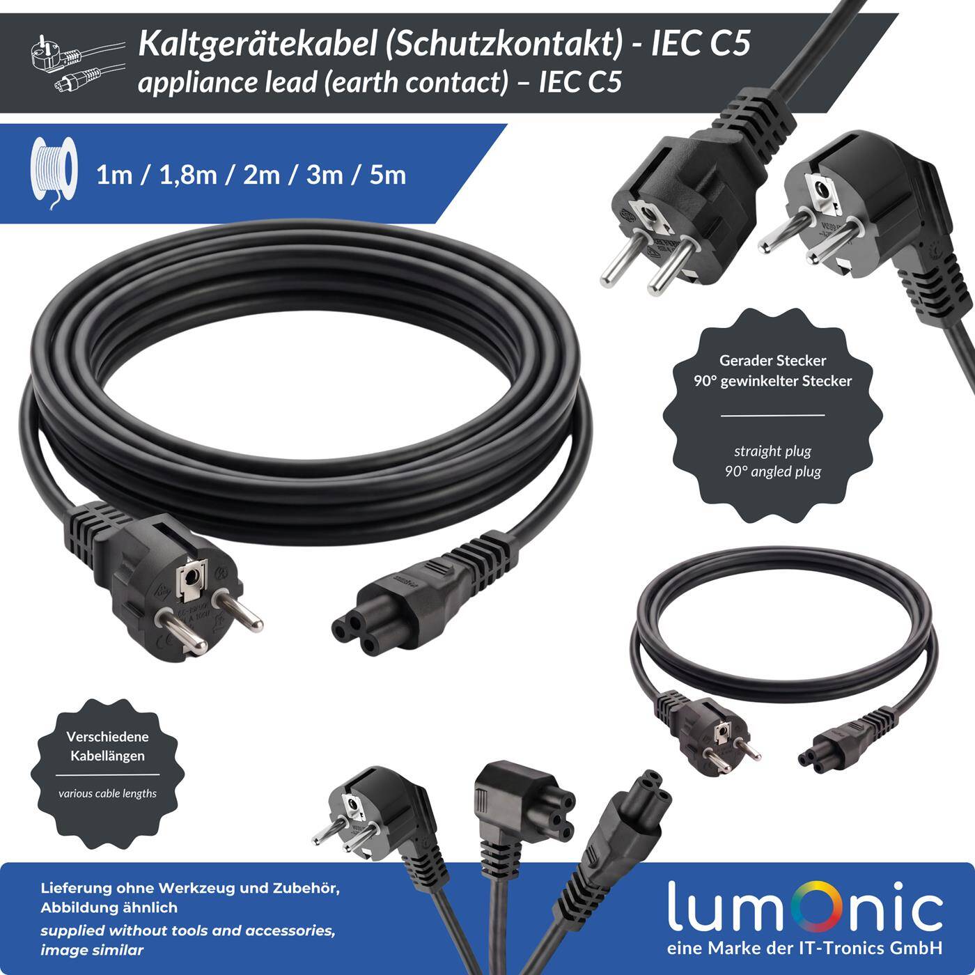 Lumonic Power Cord, Schuko to C5 Cloverleaf, Black, 3 m, 230 V - Three-pole cloverleaf connector, for laptop power adapters and projectors, withstands daily transport, kink protection to prevent cable breakage