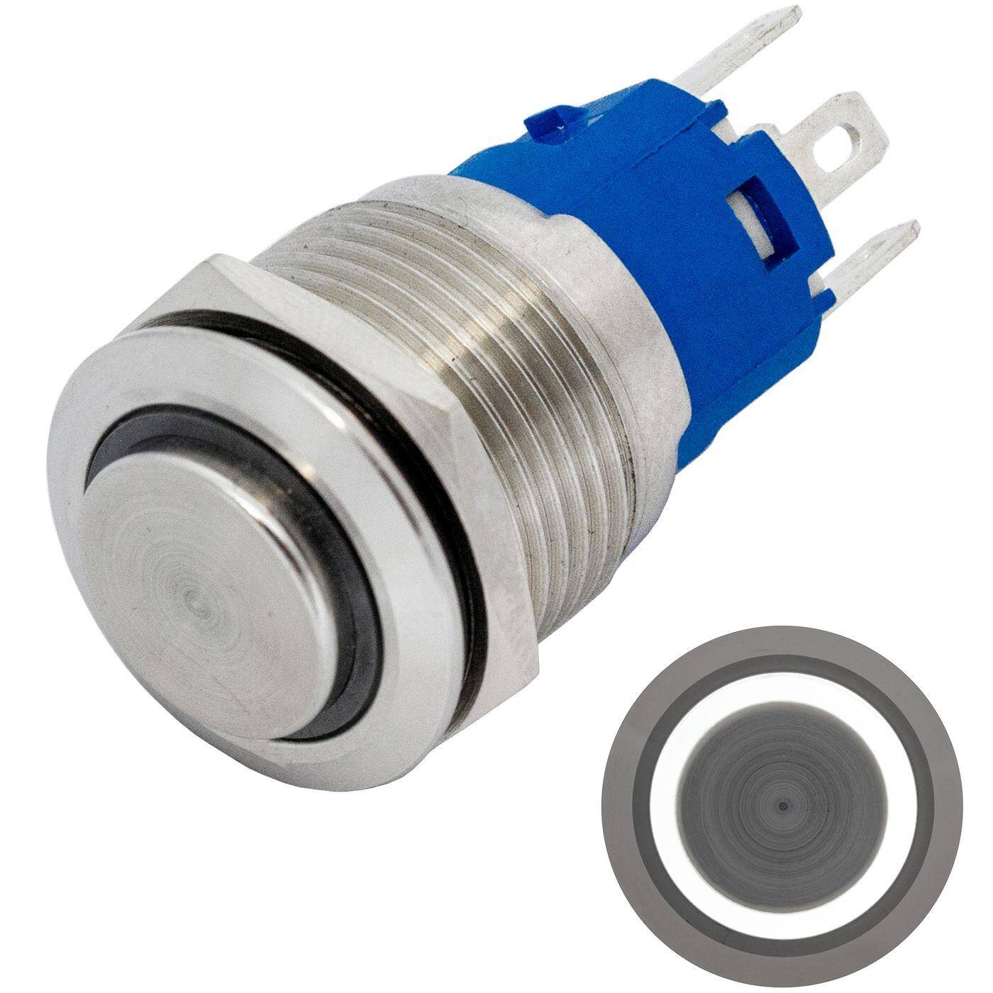 Lumonic Edelstahl Drucktaster erhaben 19mm Durchmesser I Mit einer Ring LED in Kalt-Weiß Maße: 2,8x0,5mm Pin s 250V 3A I Vandalismussicher nach dem IP65 Standard