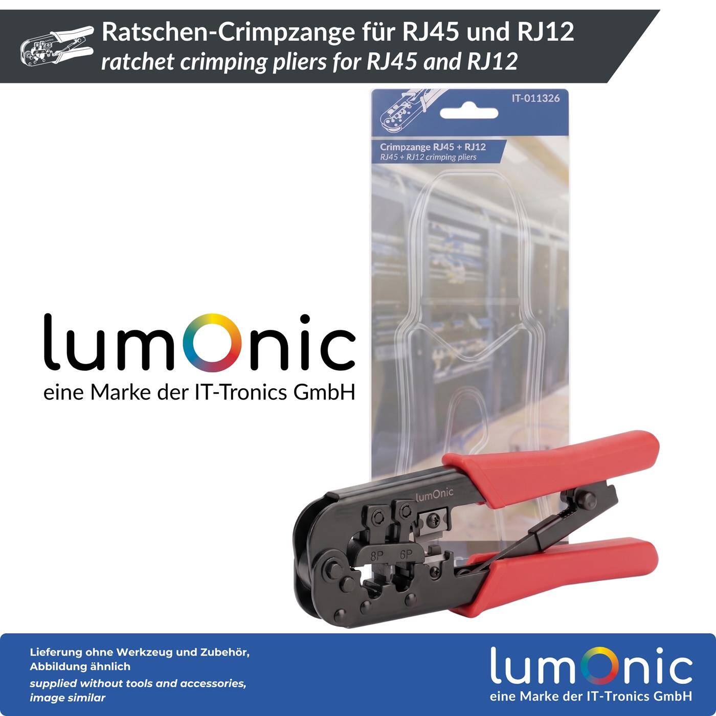 Lumonic Ratchet crimping pliers for RJ45 and RJ12 - ratchet mechanism, metal body, RJ45 and RJ12 dies, for all CAT classes, network crimping pliers for network connectors
