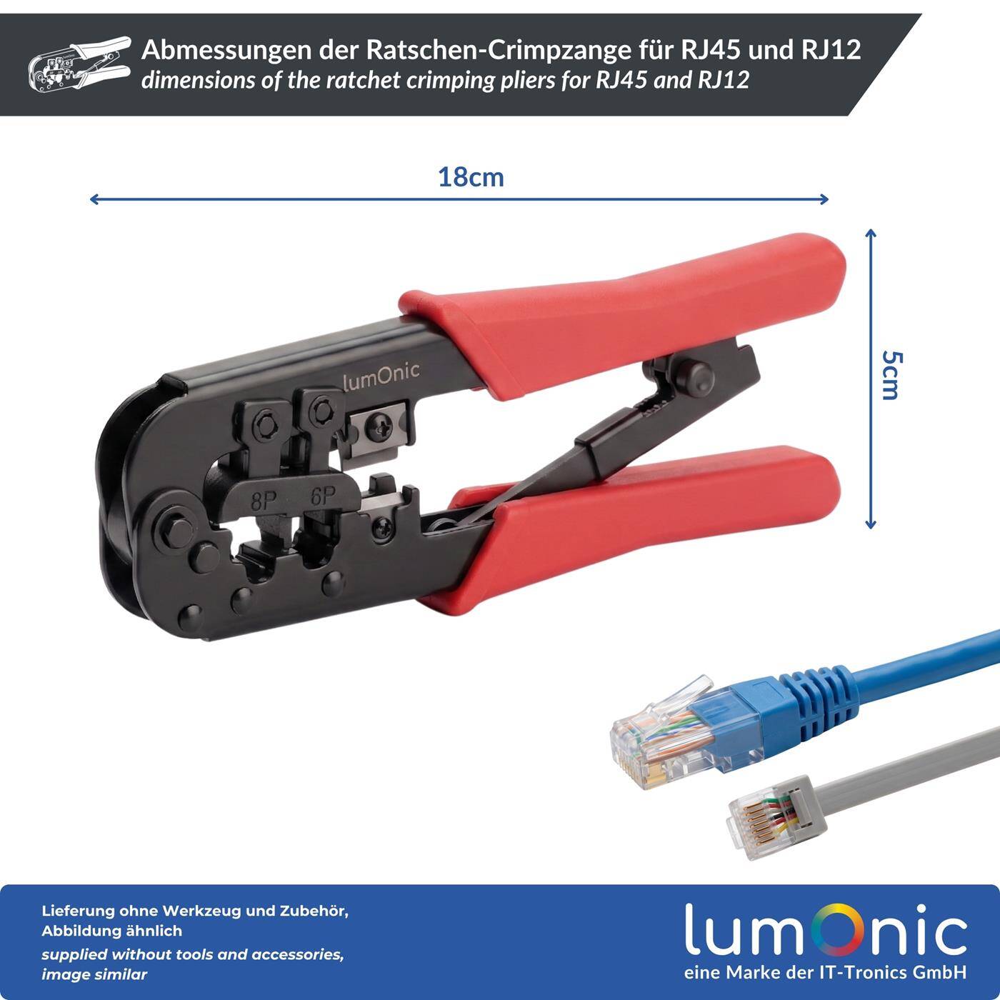 Lumonic Ratchet crimping pliers for RJ45 and RJ12 - ratchet mechanism, metal body, RJ45 and RJ12 dies, for all CAT classes, network crimping pliers for network connectors
