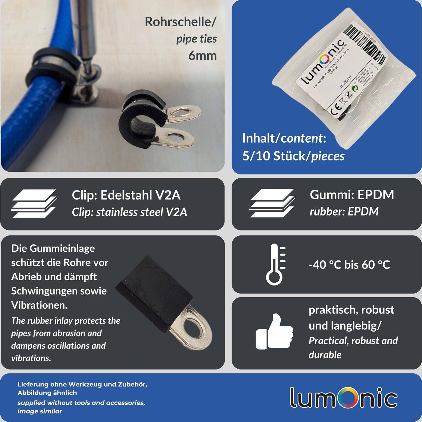 10x P-Clip Leitungsschelle Edelstahl V2A mit Gummi 6mm Rohrschelle Befestigungsschelle