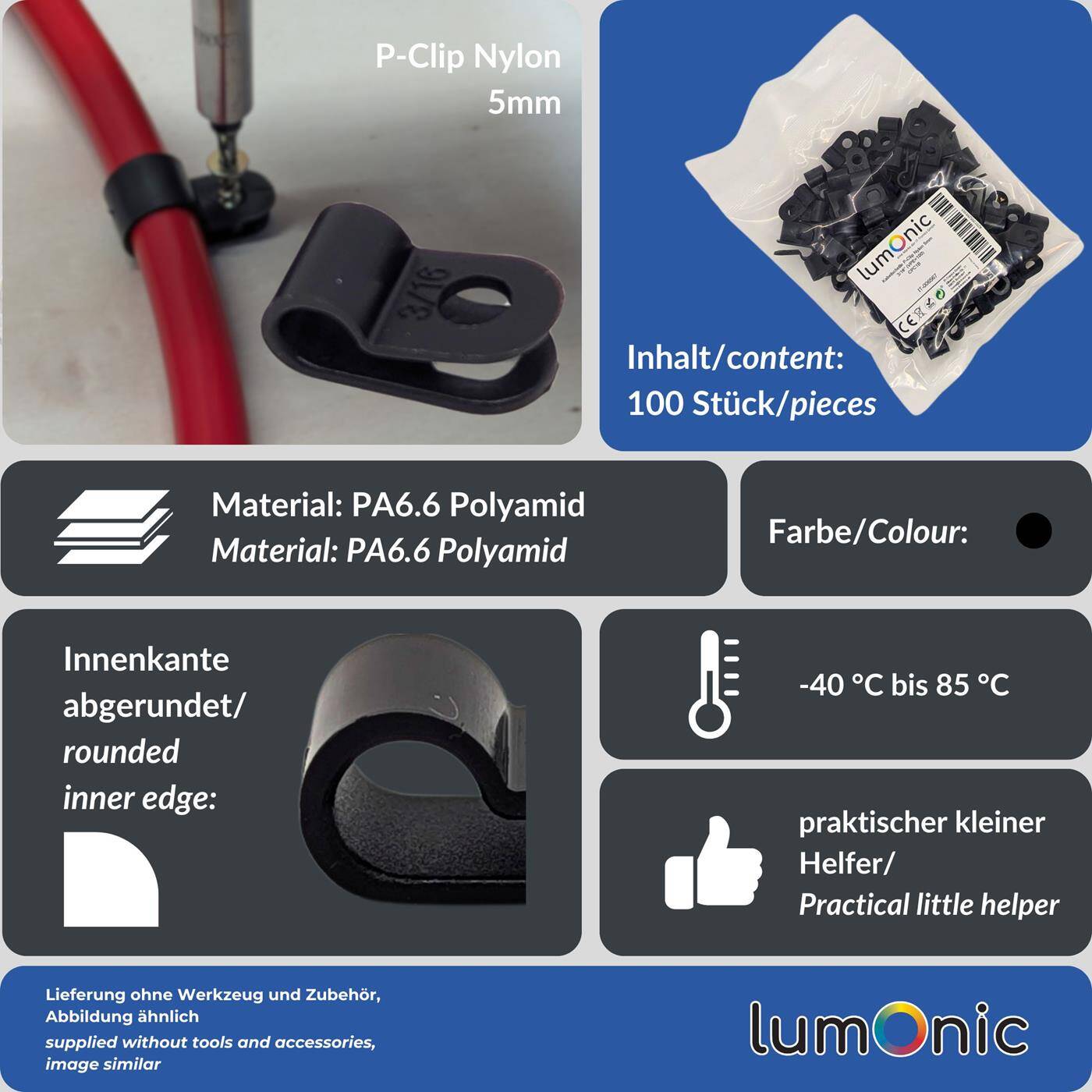 Lumonic Kabelclip Set 100x P-Clip I Perfekt geeignet für Kabel mit 5mm Durchmesser 3/16" I Auch als: Kabelschelle, Kabelhalter und Chassisklemmen einsetzbar