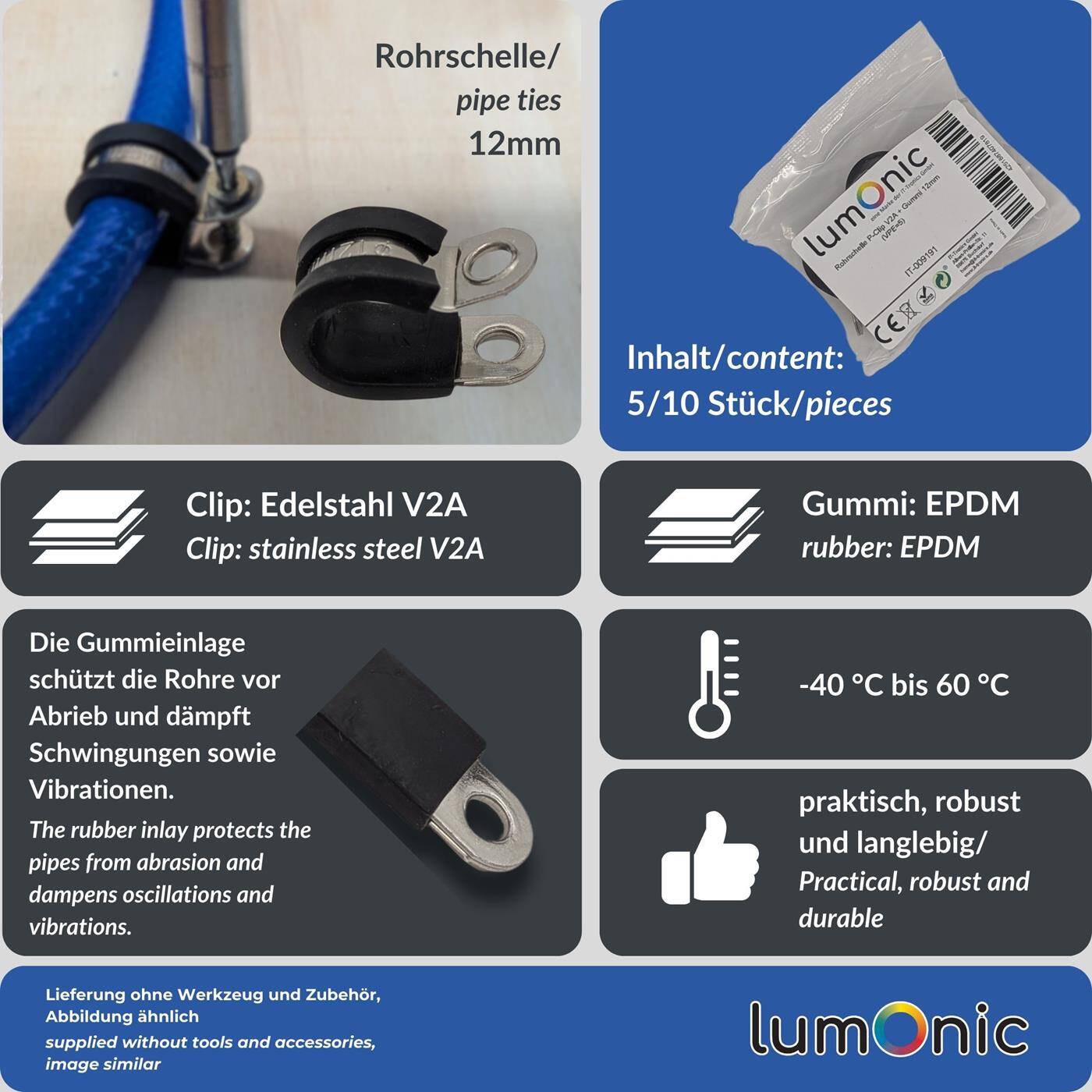 5x P-Clip Leitungsschelle Edelstahl V2A mit Gummi 12mm Rohrschelle Befestigungsschelle