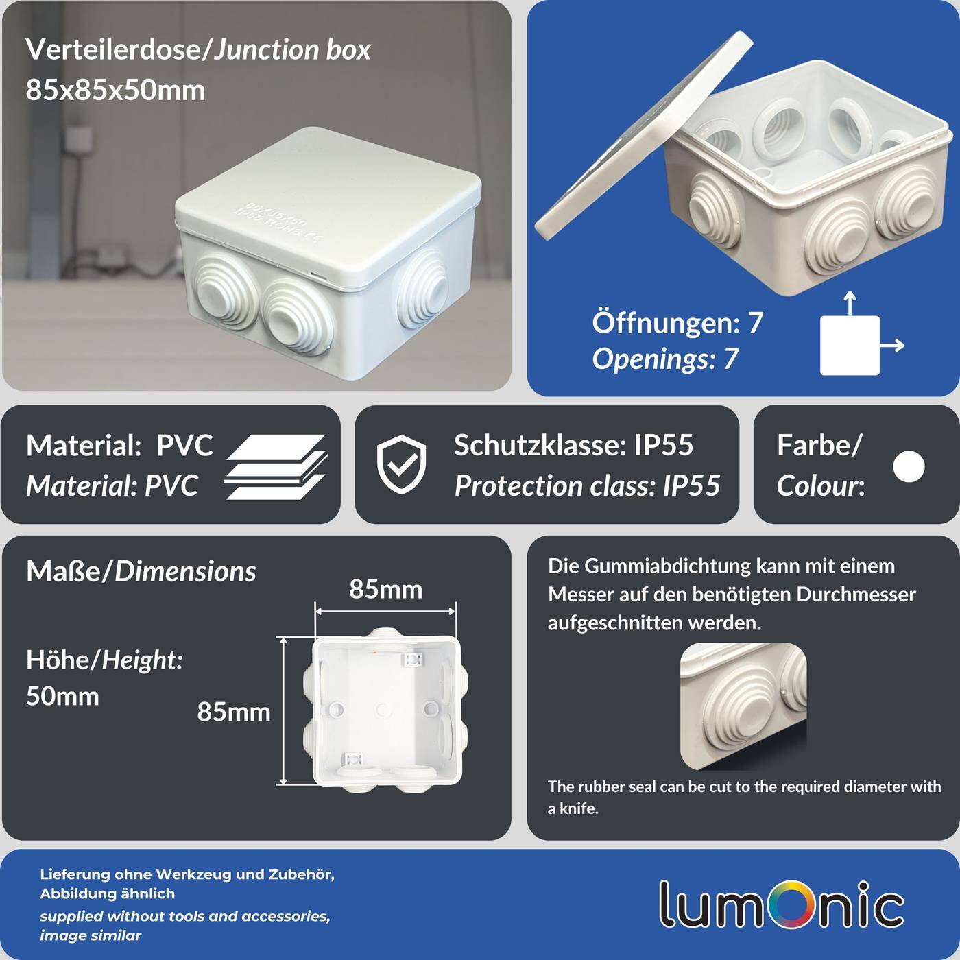 Verteilerdose Aufputz IP55 85x85x50mm 7 Öffnungen Abzweigdose Wasserdicht Weiß Anschlussdose Klemmdose