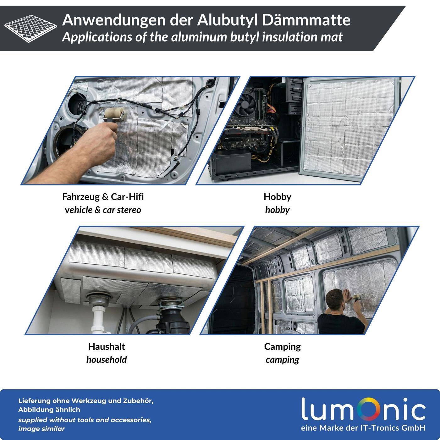 Alubutyl Dämmmatte 2m², Geruchsneutral, 50x400cm Selbstklebend, Anti Dröhn Matte für Auto, Camper, Wohnmobil, 100% Butyl - Kein Bitumen