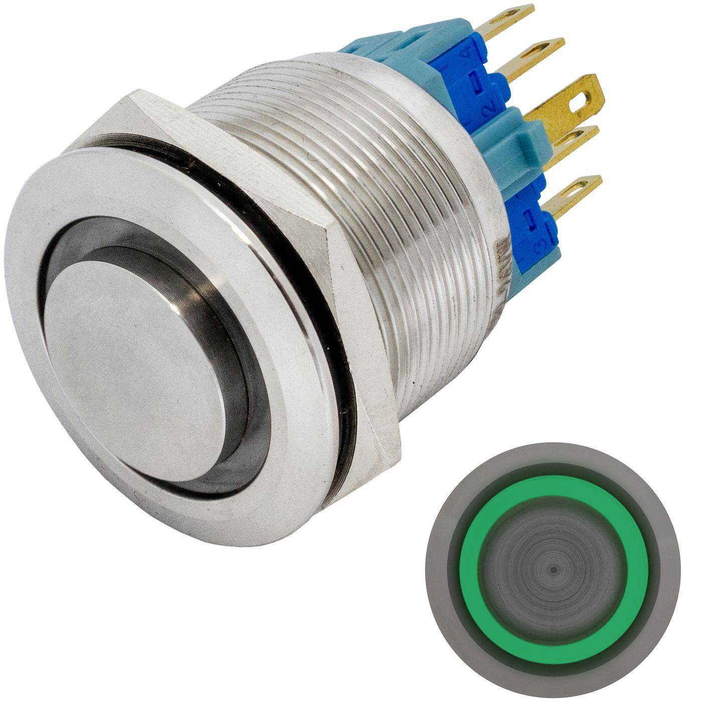 Edelstahl Drucktaster erhaben Ø25mm Ring LED Grün IP65 2,8x0,5mm Pins 250V 3A Vandalismussicher