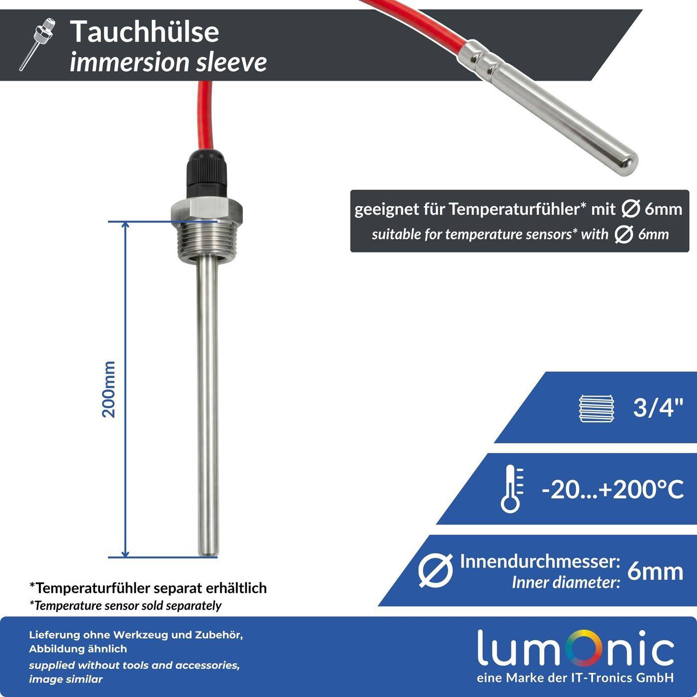 Lumonic Tauchhülse V2A Edelstahl 3/4 Zoll | 200mm Einbaulänge | passgenau für 6mm Temperaturfühler | für Pufferspeicher, Heizung, Solar + Smart Home