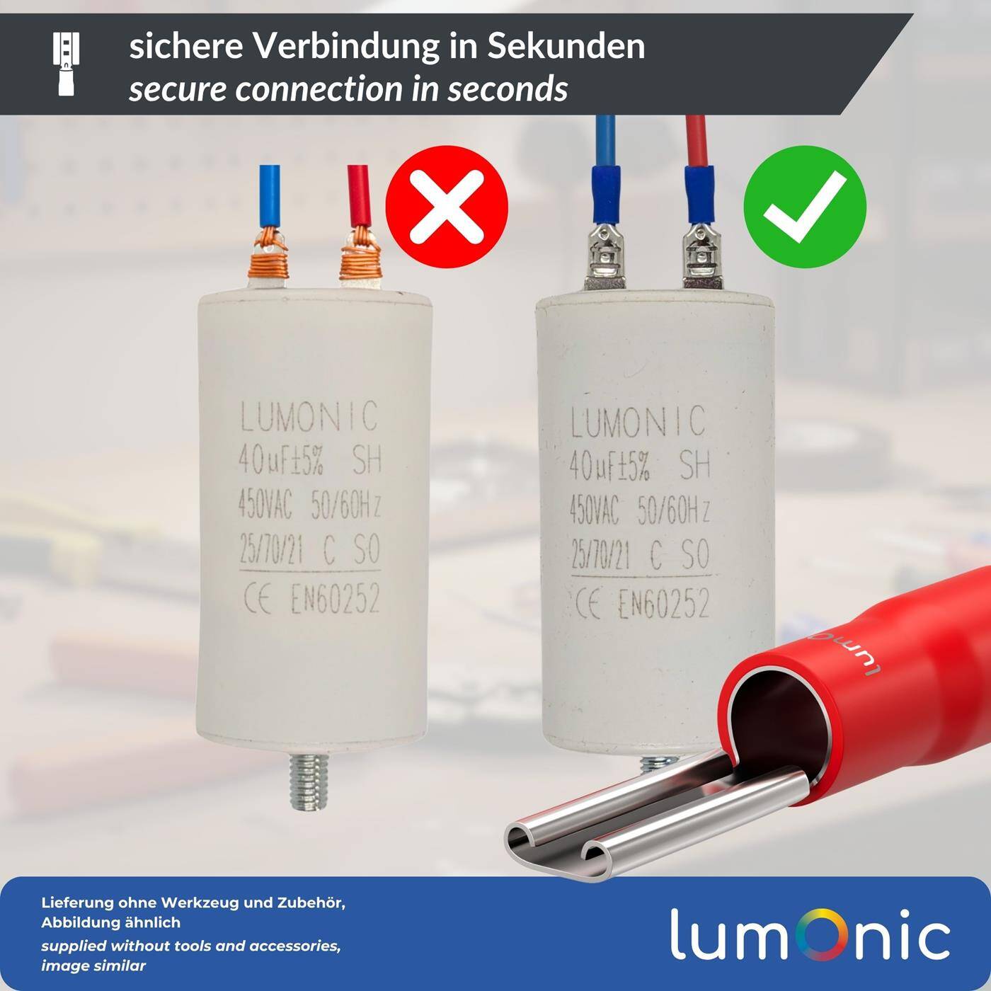 Lumonic 25x Flachsteckhülse 0,5-1,5mm²  | für Flachstecker 0,8 x 2,8mm | teilisoliert | Kabelverbinder ohne Löten | Messing verzinnt | KFZ, Maschinenbau