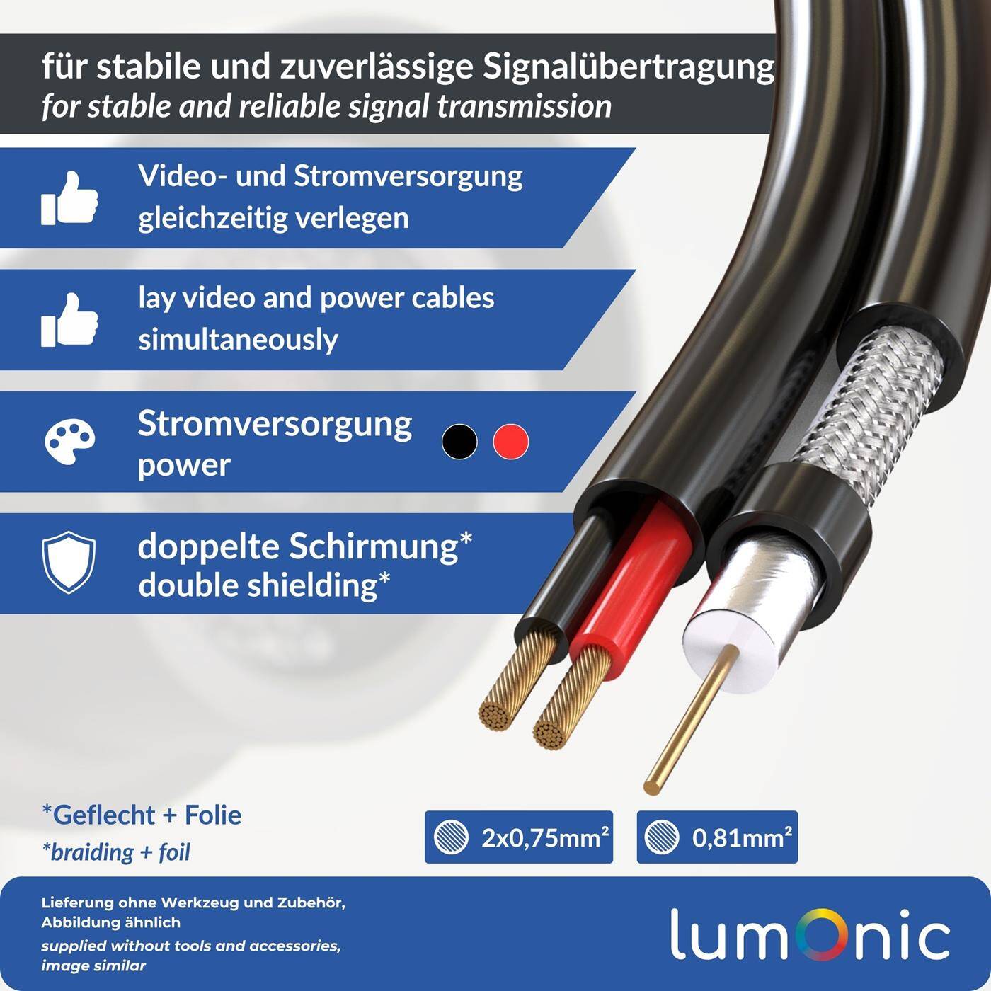 Lumonic RG59 RG59 Coaxial cable + Power line 305m | CCTV surveillance cable with power on wooden reel | 75 Ohm combination cable, Double shielded, 90dB Attenuation,  Video + Electricity