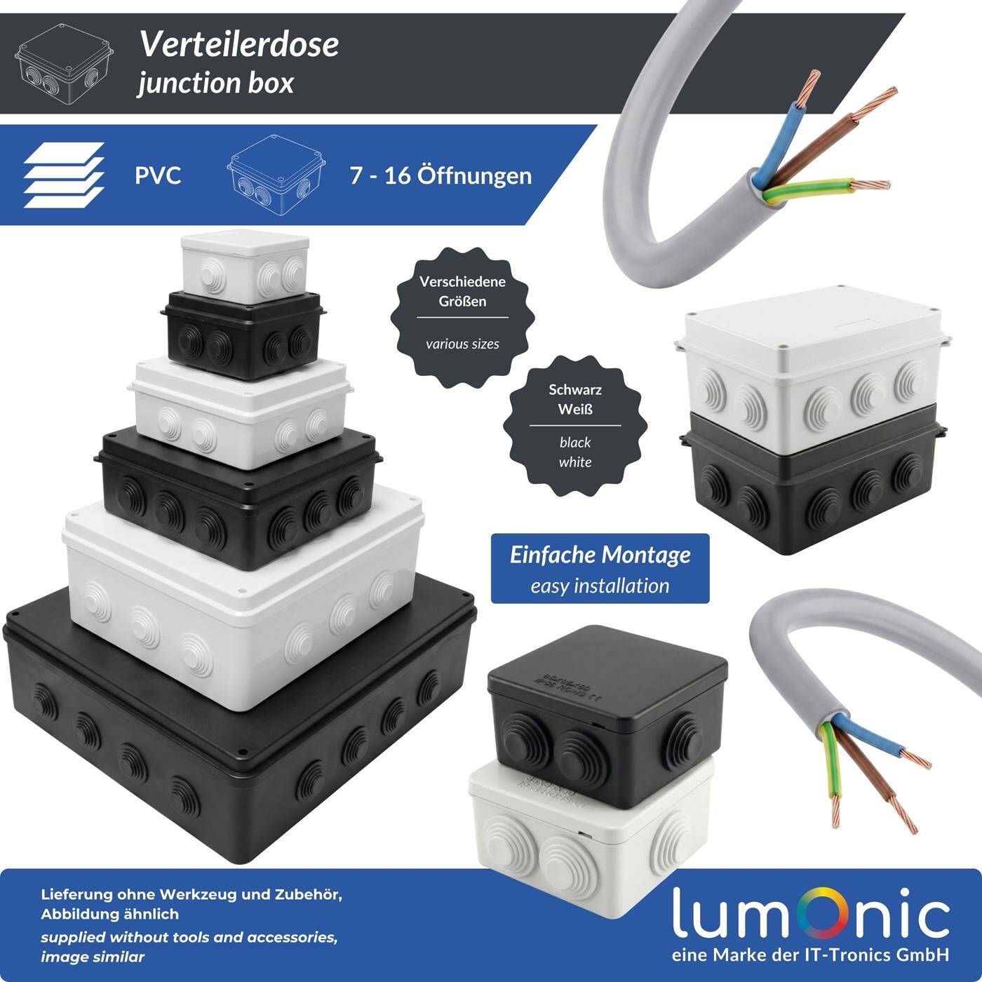 Lumonic Verteilerdose Aufputz IP65 Weiß | extra groß, 400x350x120mm, 16 Kabeleinführungen | Deckel verschraubt | Hochwertiges PVC | Großer Innenraum für Hutschienen, Klemmblöcke und Aktoren