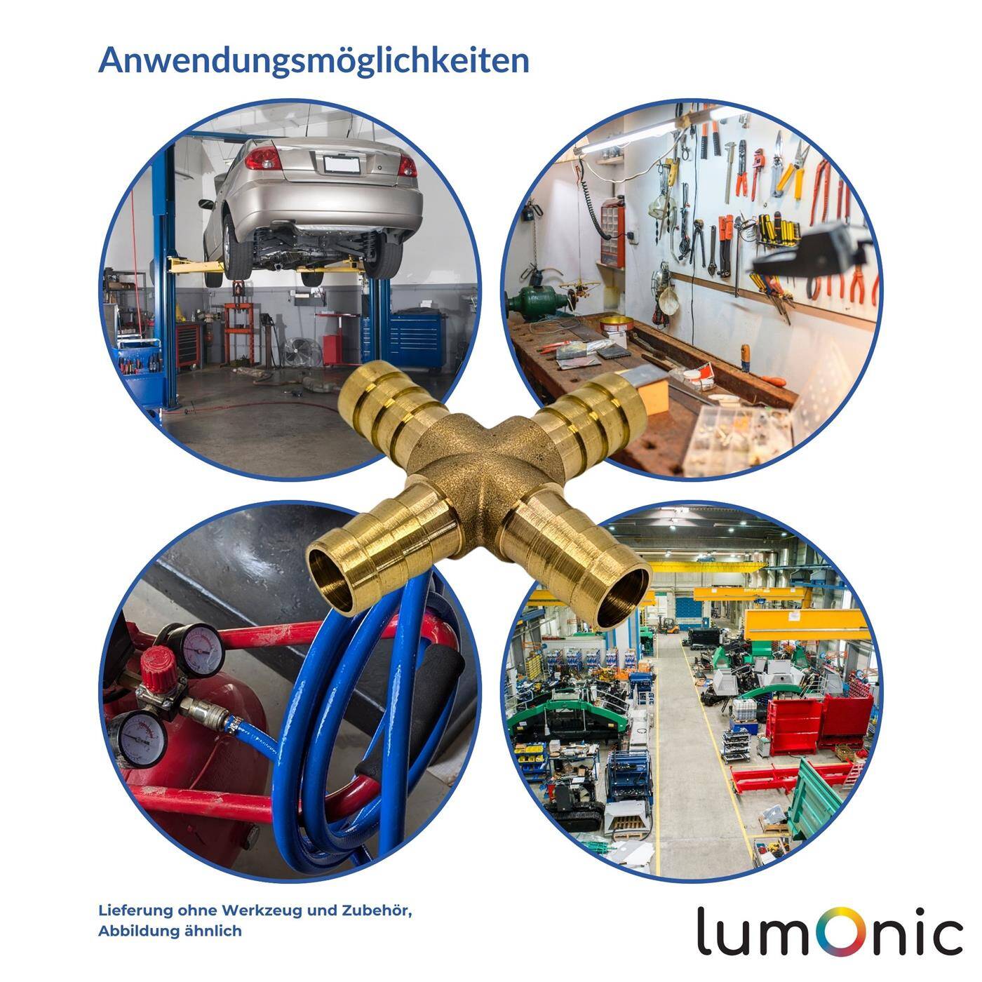 X-hose connector for 9mm (3/8") hose made of brass Cross connector X-piece with spike profile Compressed air for workshops, businesses and DIY enthusiasts