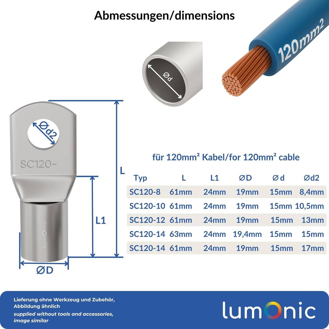 Lumonic 1x Rohrkabelschuh 120mm² blank | M10 | Kupfer verzinnt | Kabelverbindung ohne Löten | SC120-10, Crimp-Kabelschuh, Quetschverbinder | KFZ, Maschinenbau, Wohnmobil, Batterie
