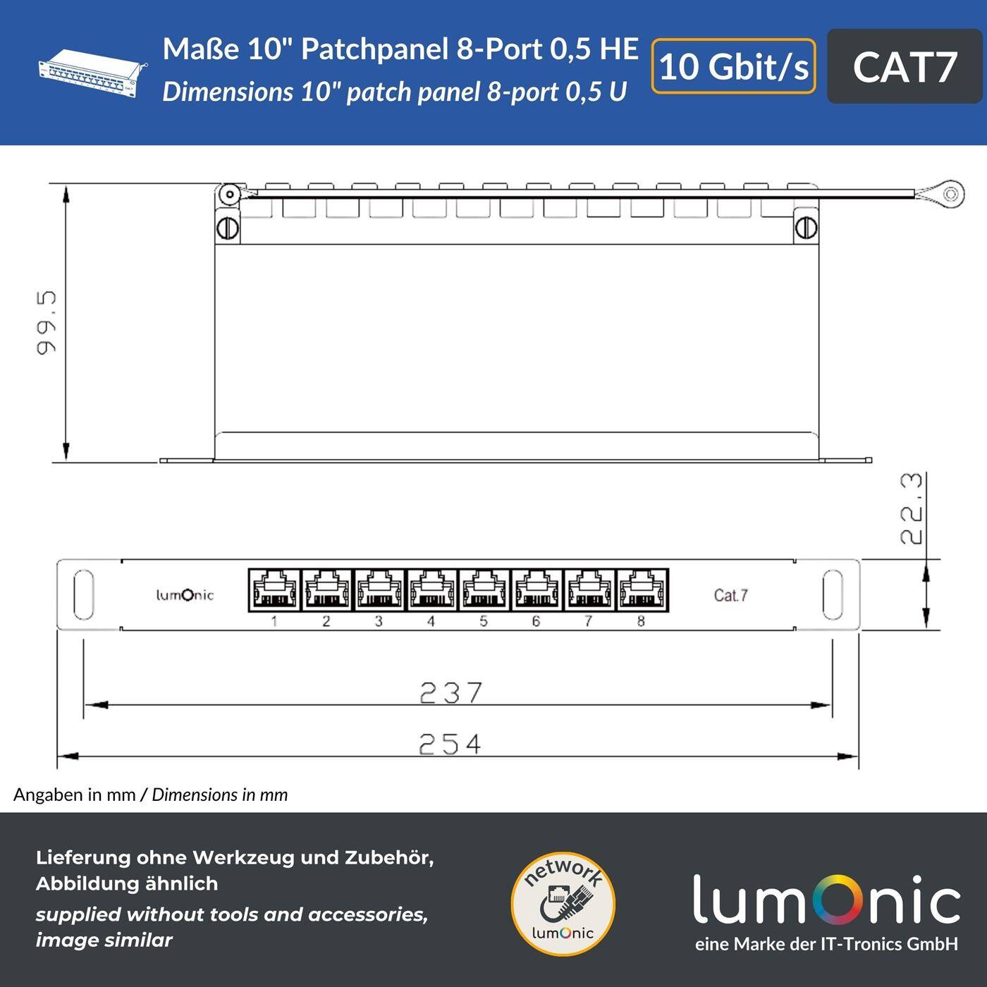 10" Patch panel CAT7, 8 Port, space-saving 0.5U, LSA mounting, T568A/B color-coded, Rack mounting, Shielded, black patch panel, Cable management, 10 Gbit/s PoE