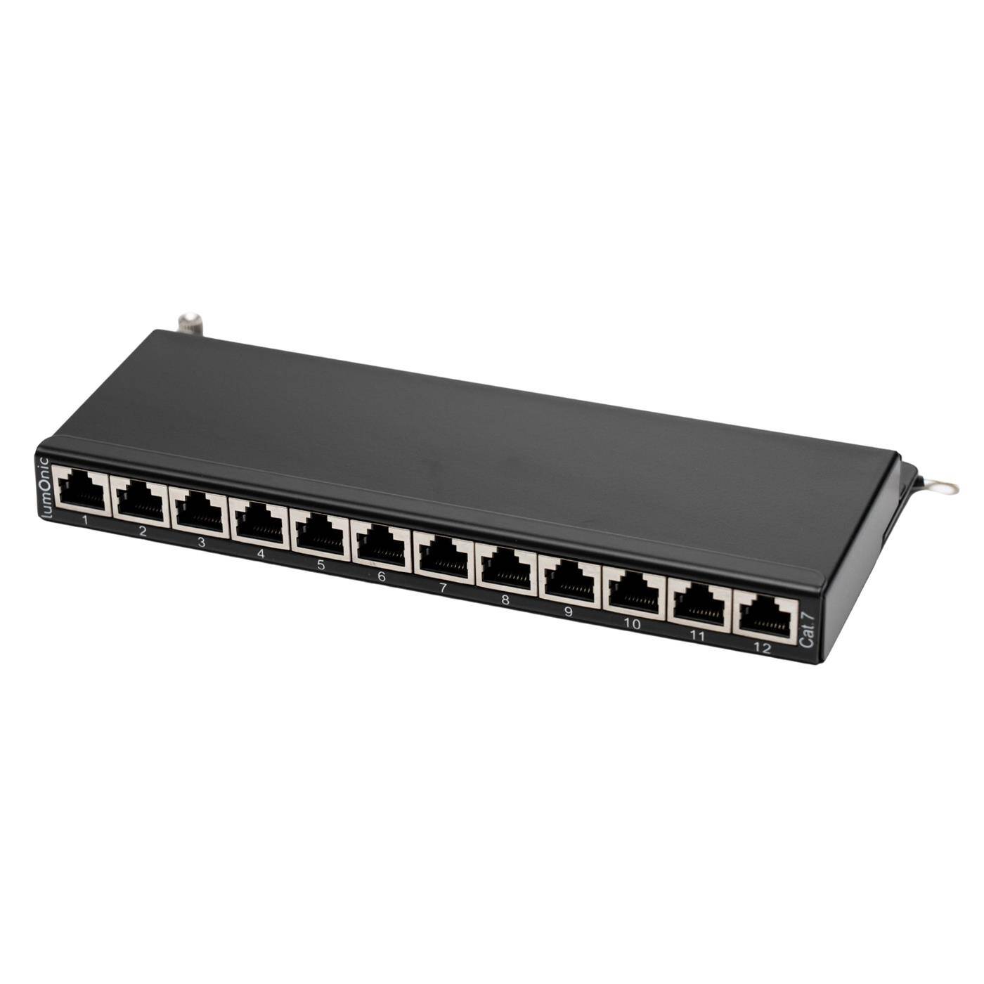 10" Patchpanel Desktop CAT7, 12 Port, kompakte 0,5HE, LSA-Montage, T568A/B farbcodiert, freistehend, Wandmontage, geschirmtes schwarzes Patchfeld, Kabelmanagement, 10 Gbit/s + PoE