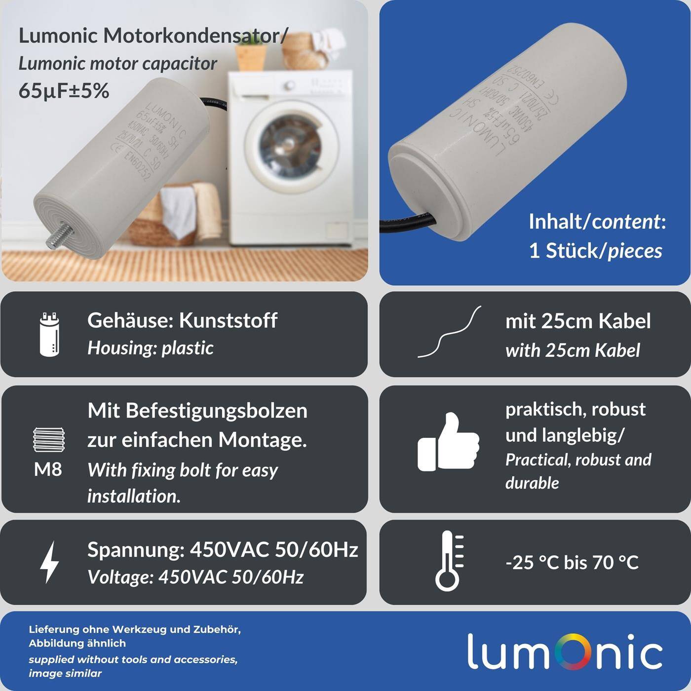 Lumonic Anlaufkondensator 65µF 450V | mit Kabel I 50x110mm I 65uF I Motorkondensator mit Kunststoffgehäuse I Betriebskondensator I für Pumpen, Rasenmäher, Werkzeuge