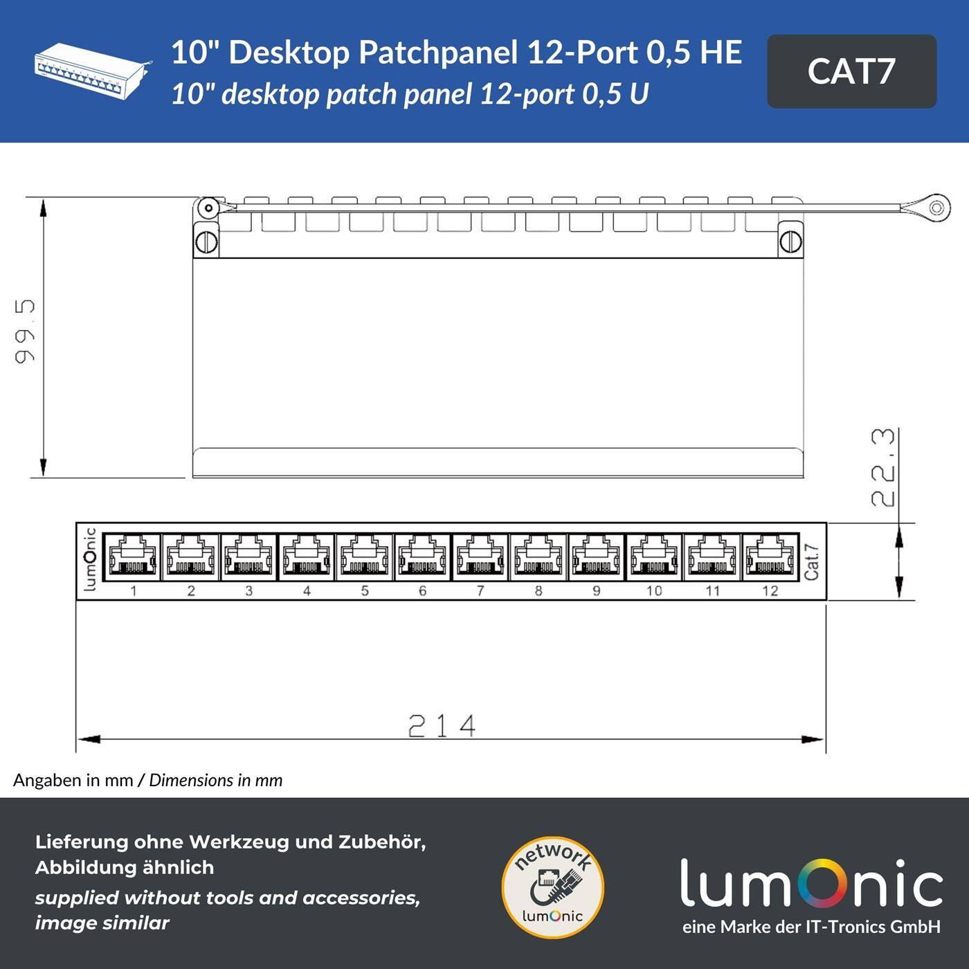 Lumonic 10" Patchpanel Desktop CAT7 | 12 Port, kompakte 0,5HE | LSA-Montage, T568A/B farbcodiert | freistehend, Wandmontage | geschirmtes schwarzes Patchfeld | 10 Gbit/s + PoE