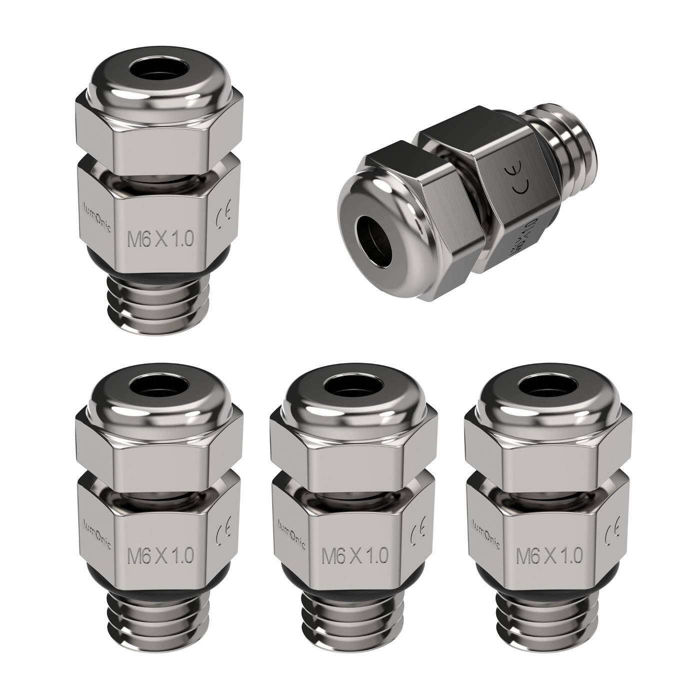 Set of 5 metal cable glands M6, Clamping range 2-3mm, IP68, with locknut, Nickel-plated brass, EMC, -40...+100°C