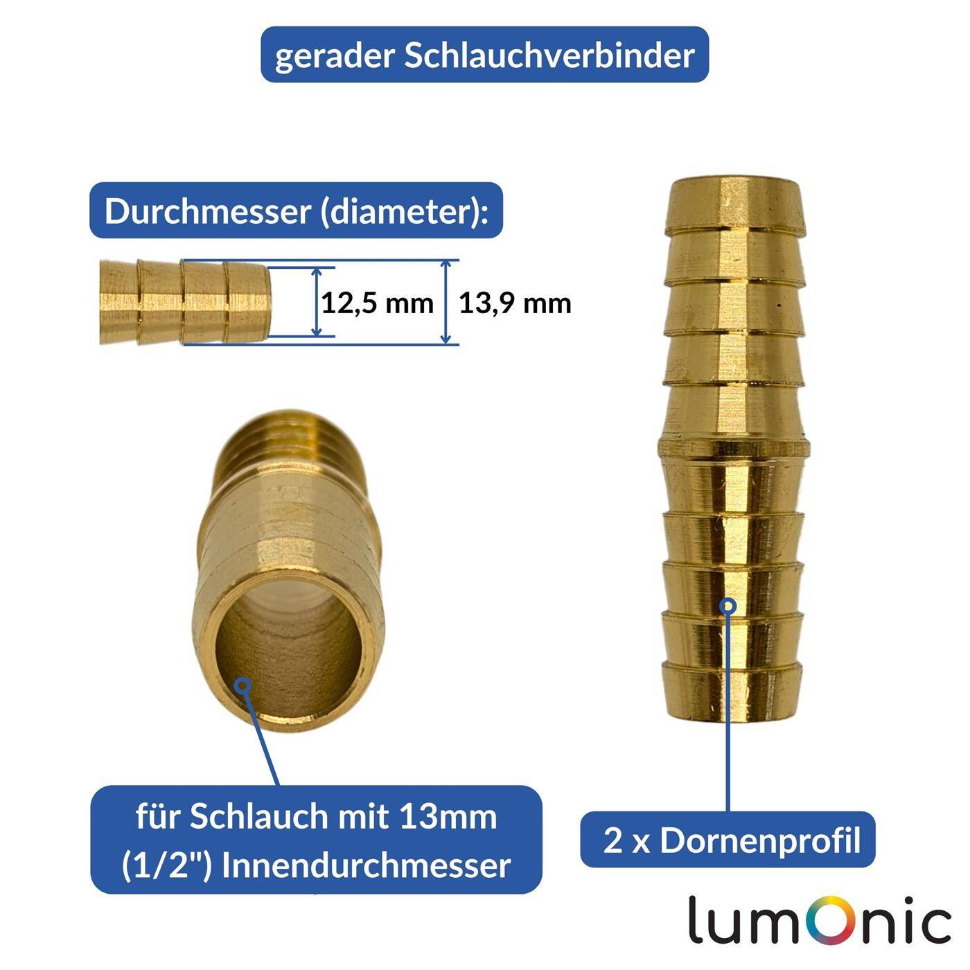 Straight hose connector for 13mm (1/2") hose made of brass I-connector I-piece with spike profile Compressed air for workshops, businesses and DIY enthusiasts