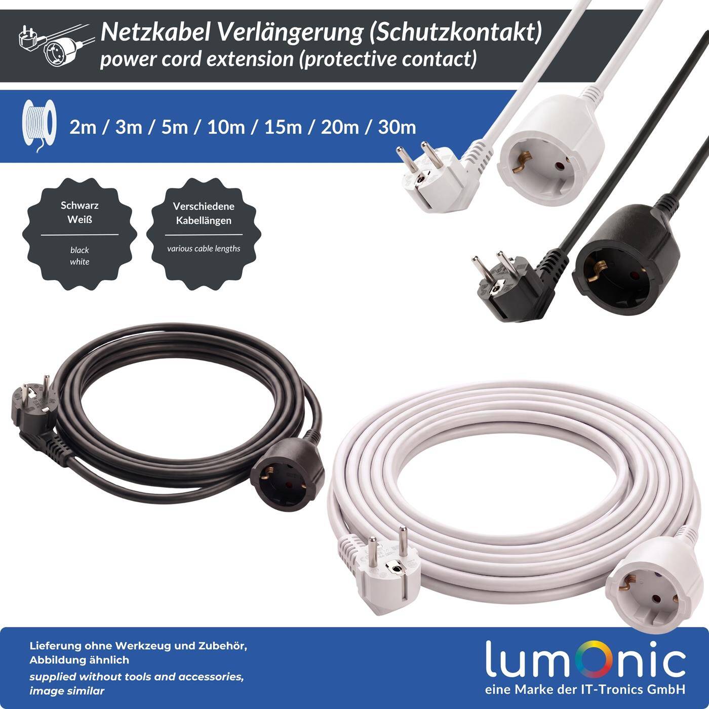Lumonic Schuko Extension Cord, White, 5 m, 230 V - Child-safety feature in the outlet, for washing machines and dishwashers, kink protection on the plug