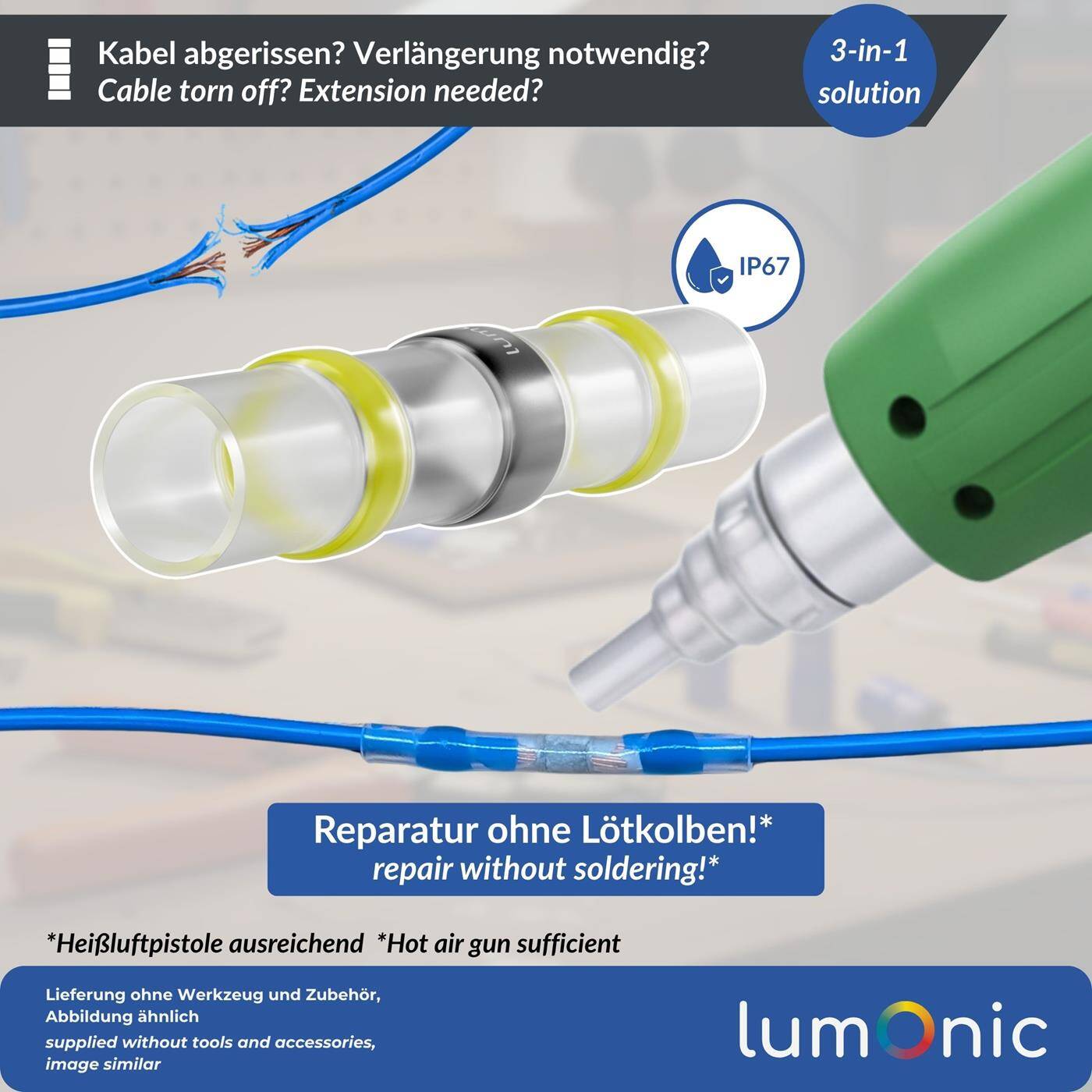 Lumonic 10x Schrumpf Lötverbinder  mit Schrumpfschlauch | 4-6mm² | Gelb | WarmSchrumpf Kabelverbinder | Wasserdicht IP67 | Kabel Reparatur