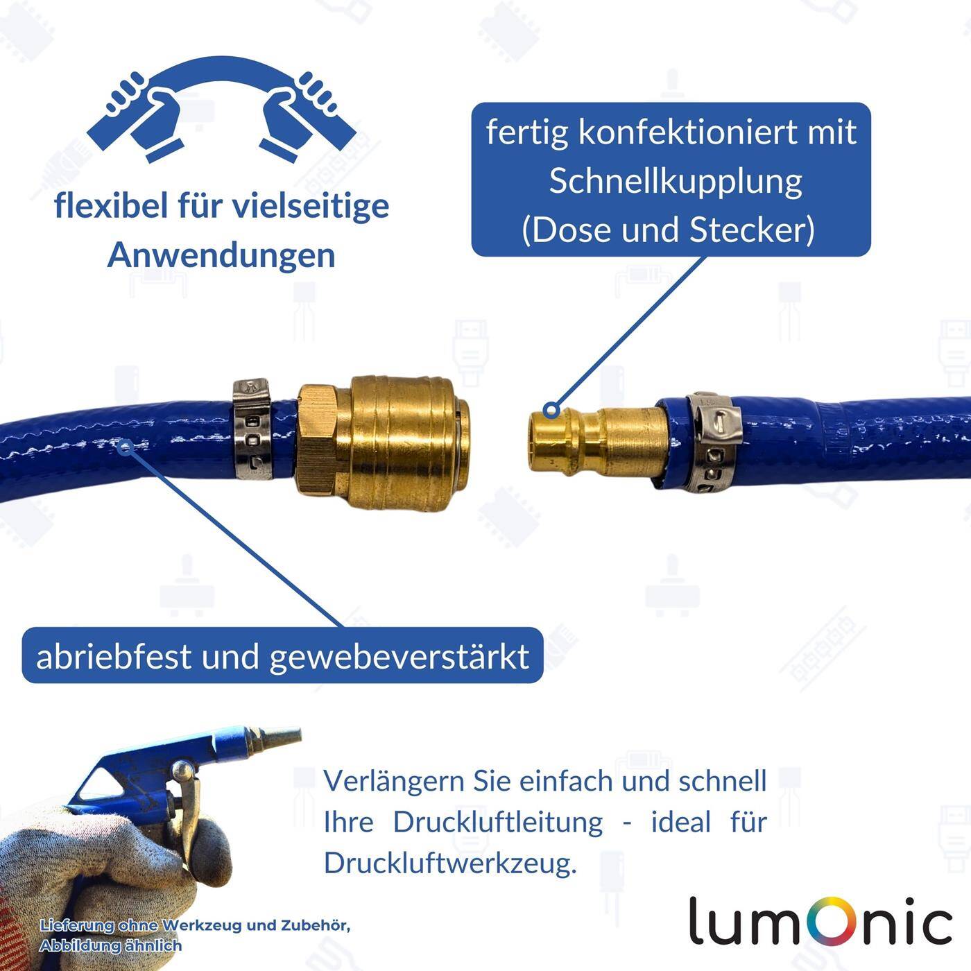 30m Compressed air hose with quick coupling 13mm PVC Compressed air extension Can ready-made Flexible, abrasion-resistant and fabric-reinforced 30m Compressed air hose with quick coupling 13mm PVC Compressed air extension Can ready-made Flexible, abrasion-resistant and fabric-reinforced