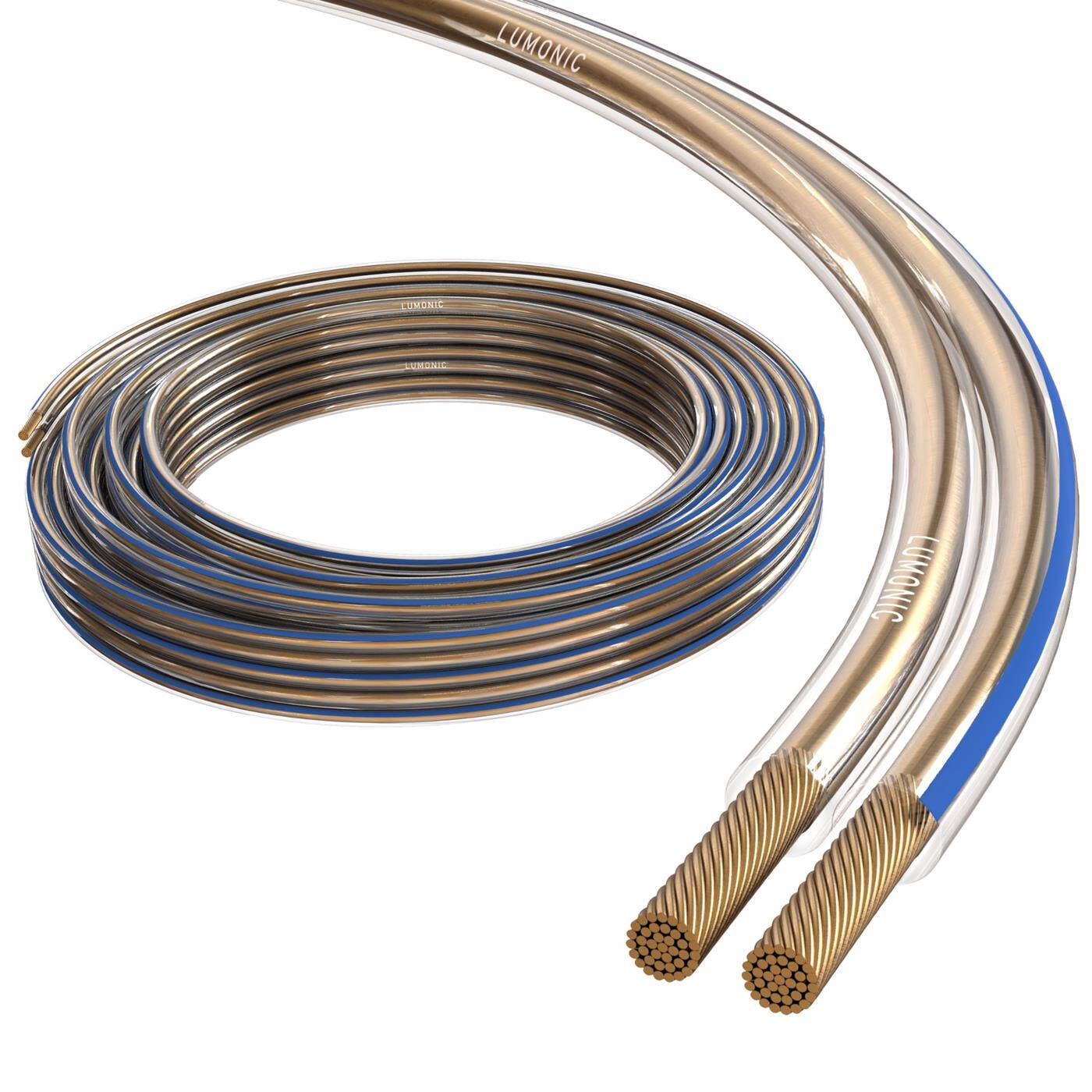 Lumonic Speaker cables | 25m Transparent | 2x 0,5mm² CCA | Blue marking HiFi speaker cable | Audio twin line