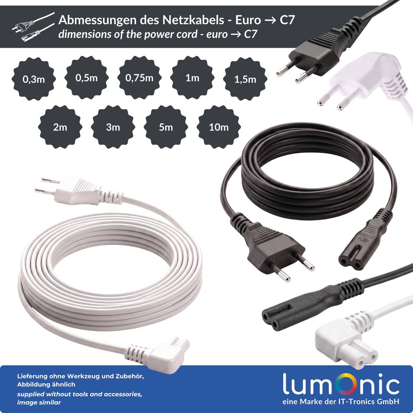 Lumonic Netzkabel Eurostecker 90° auf C7 90° Gewinkelt, Schwarz 0,5 m, 230 V - Beidseitig gewinkelte Stecker, für enge Montagenischen, Knickschutz an beiden Enden, Euro auf C7-Kupplung