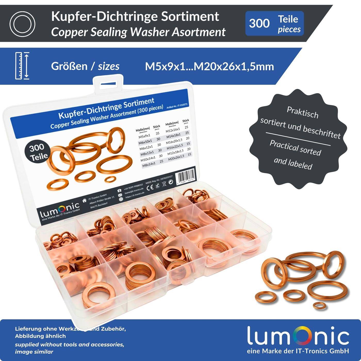 Kupfer Dichtring Sortiment, 300 Teile, 12 Größen M5-M20, Kupfer Flachdichtungen, in praktischer Sortimentsbox