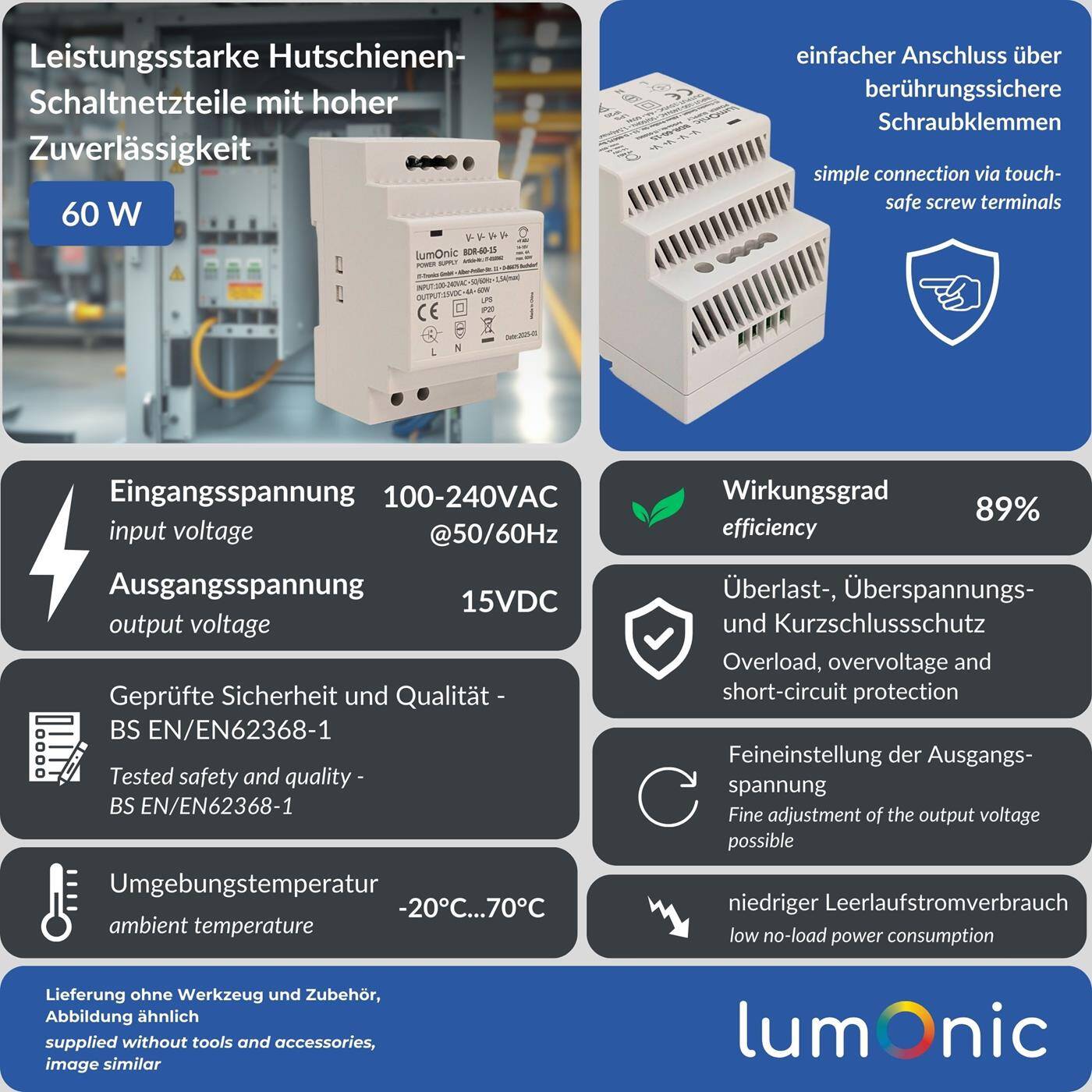 Lumonic I Netzteil Hutschiene BDR-60-15 I 15V / 60W I Input 100-240VAC I Überlastschutz & kurzschlussfest I DIN-Rail Schaltnetzteil I Schaltschrank & Verteilerkasten