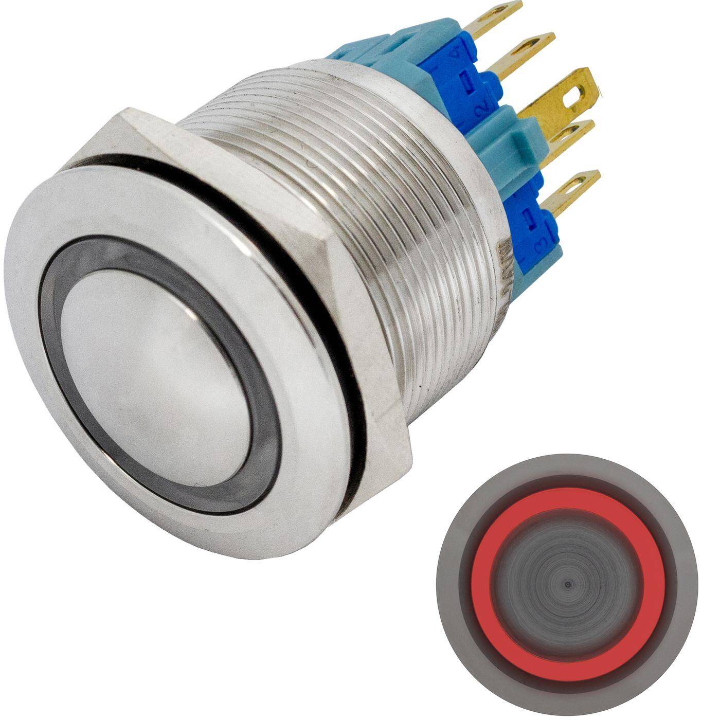 Edelstahl Drucktaster gewölbt Ø25mm Ring LED Rot IP65 2,8x0,5mm Pins 250V 3A Vandalismussicher
