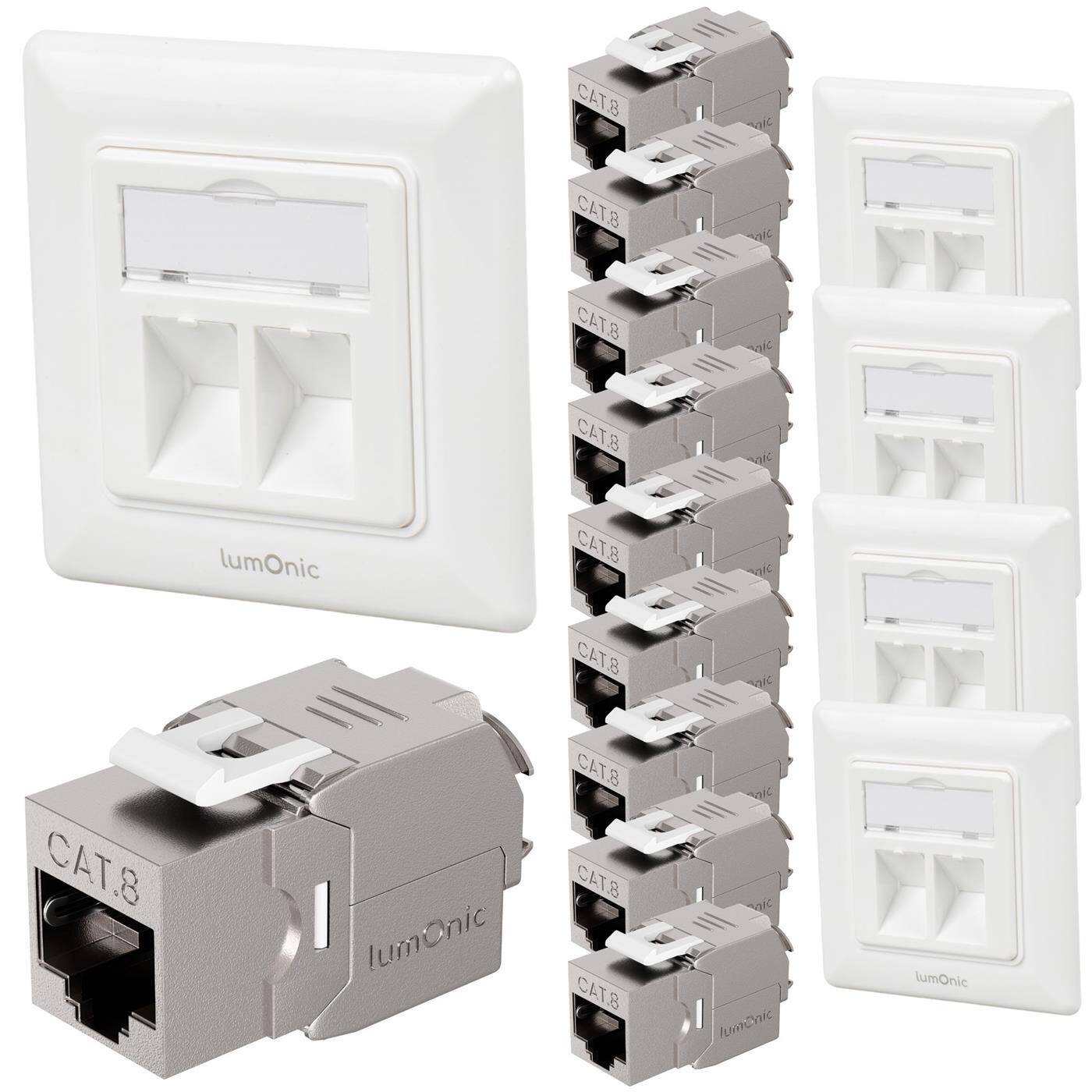Set of 5 Keystone flush-mounted frame including 2x CAT8 module, 2-port snap-in I tool-free assembly, Standard 55 system, Ethernet socket up to 40 Gbit for AWG22-24, RJ45 fully shielded,
