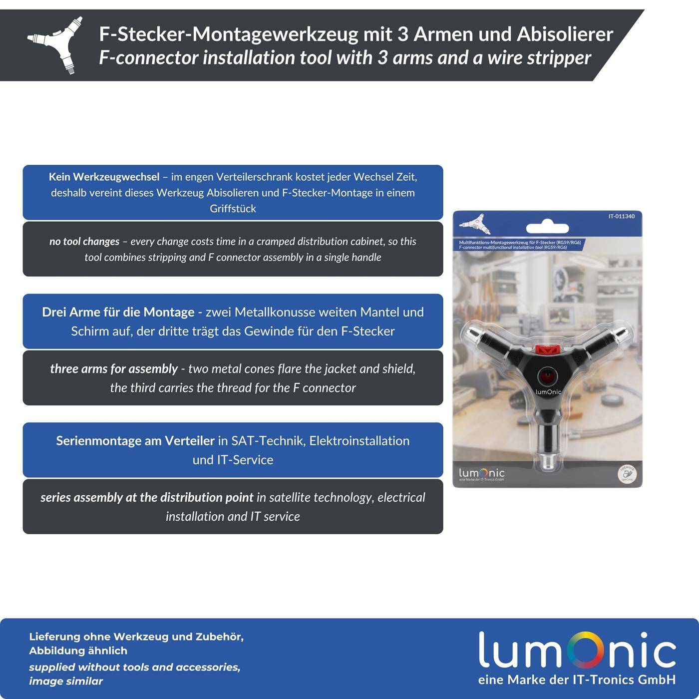 Lumonic F -Stecker-Montagewerkzeug mit 3 Armen und Abisolierer - drei Arme F-Stecker, RG6, RG59, Aufweitkonus, Abisolierwerkzeug, Aufdrehhilfe, für SAT-Technik und Antennenbau