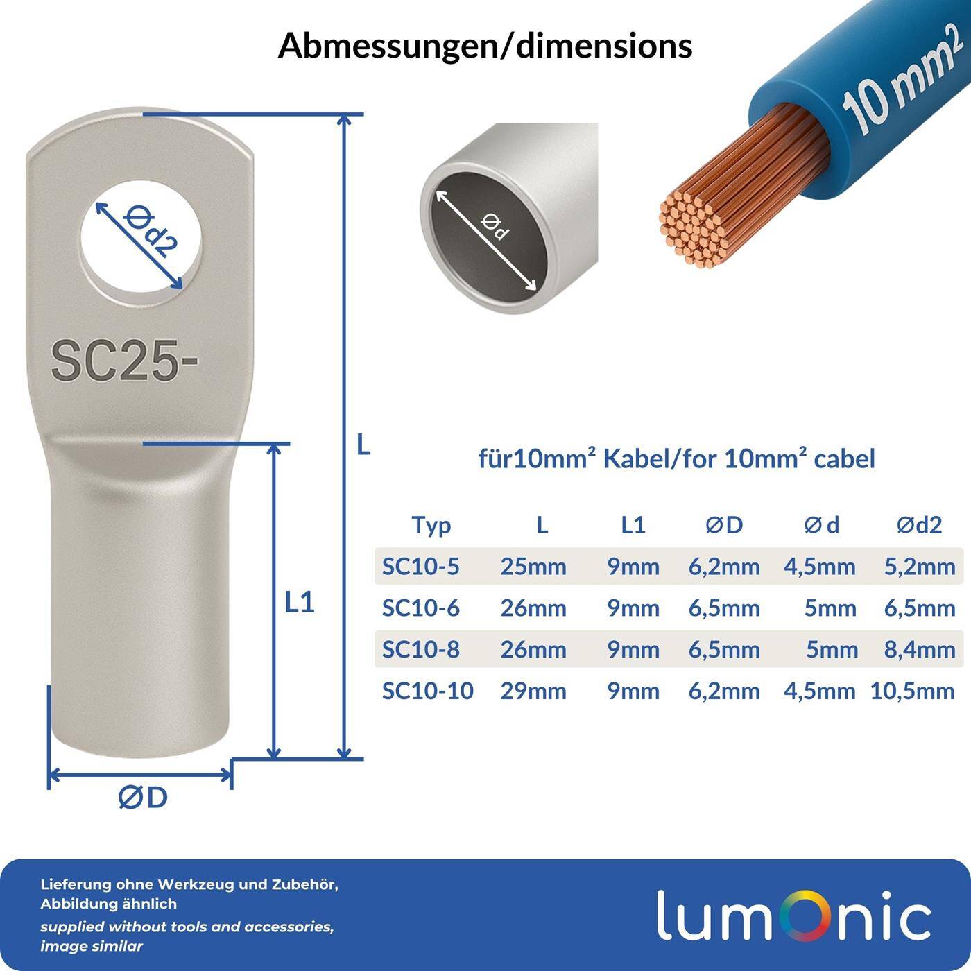 10x Rohrkabelschuh blank 10mm² Lochdurchmesser M5 SC10-5 Ringzunge Kupfer verzinnt