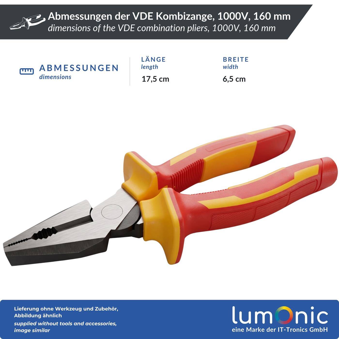 Lumonic VDE Combination Pliers, 1000 V Heavy-Duty Model, 160 mm - 60CrV steel with induction-hardened cutting edge, two-component handle, for electricians and residential wiring