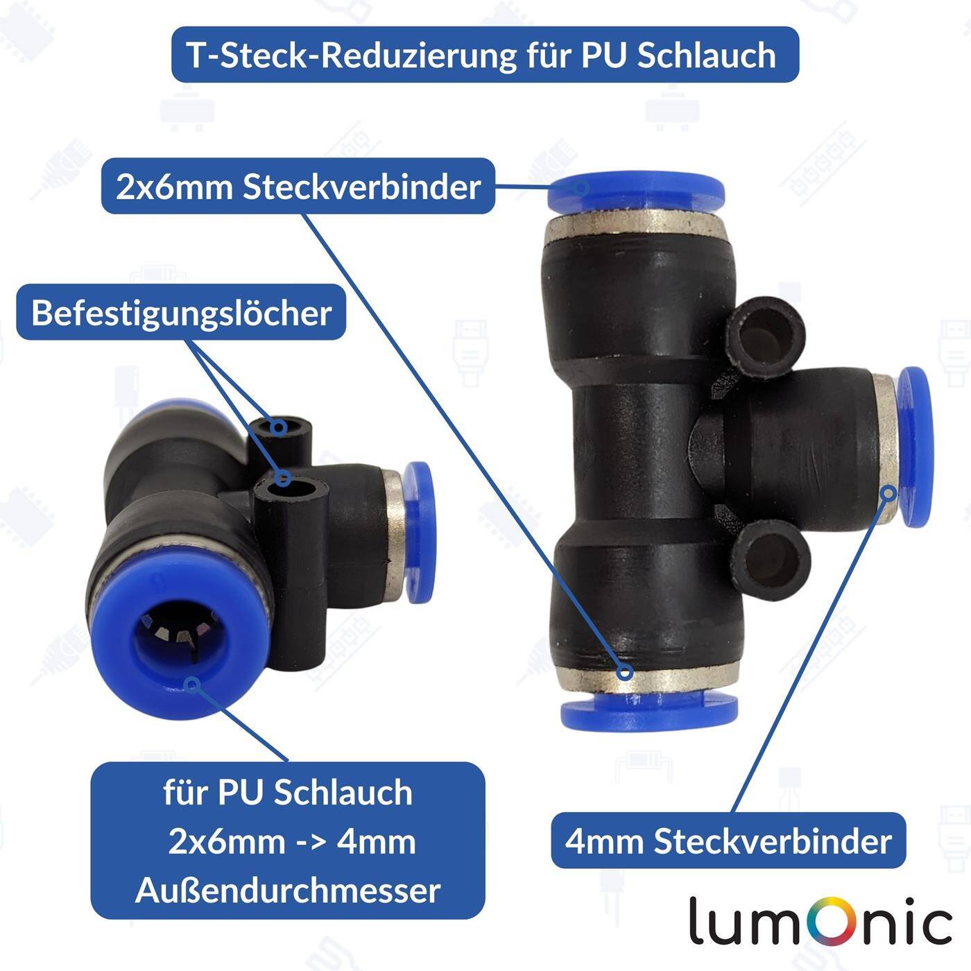 PU hose T-connector reduction 6/4/6mm T-piece Push-in Pneumatic plug connector T-distributor reducing Compressed air