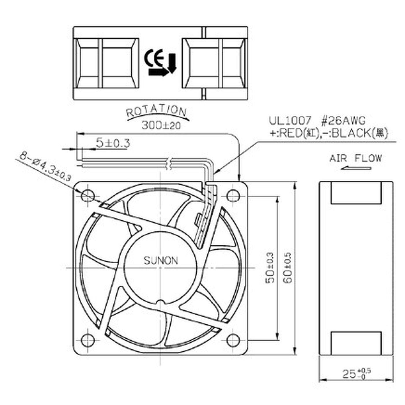 Lüfter 12V DC 0,9W 60x60x25mm 32,7m³/h 3800U/Min 32,7m³/h Sunon EE60251B2-A99