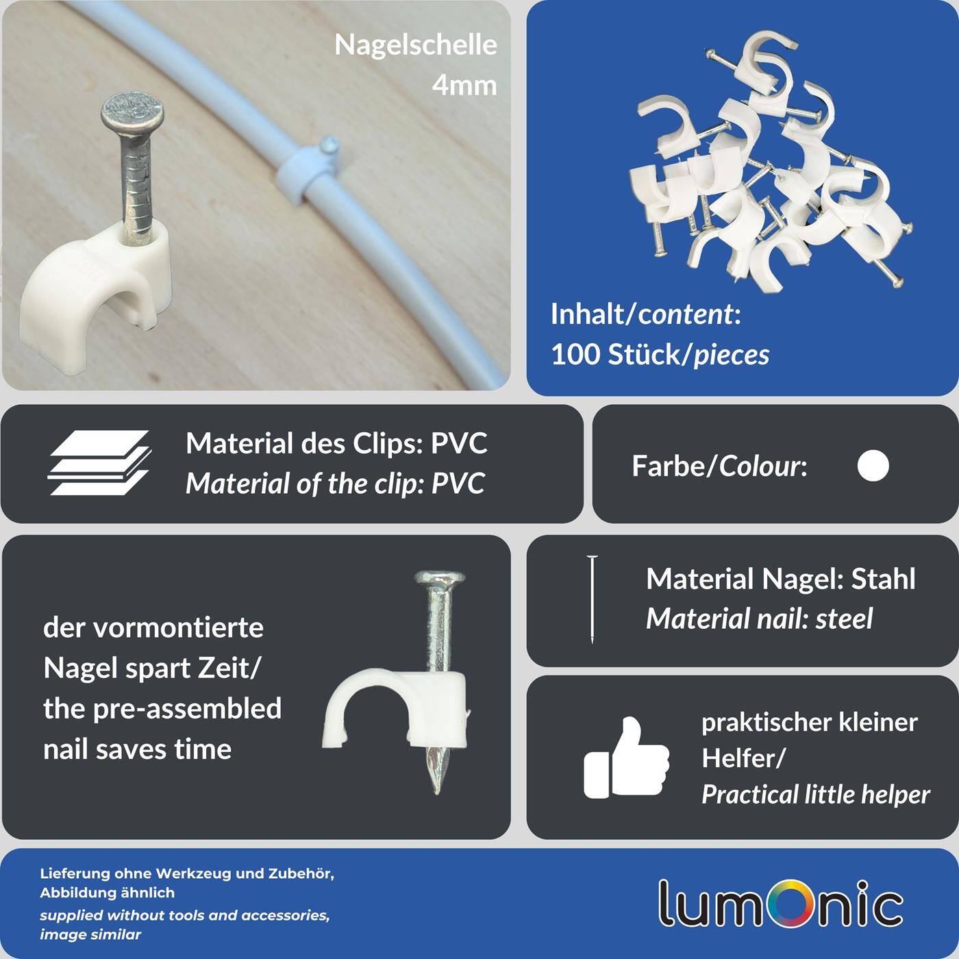 Lumonic 100x Nagelschelle 4mm für Kabel weiss - Kabelschelle mit 14mm Nagel z.B. zur Befestigung an der Wand - Kabelklemmen verschiedene Größen 4-14mm