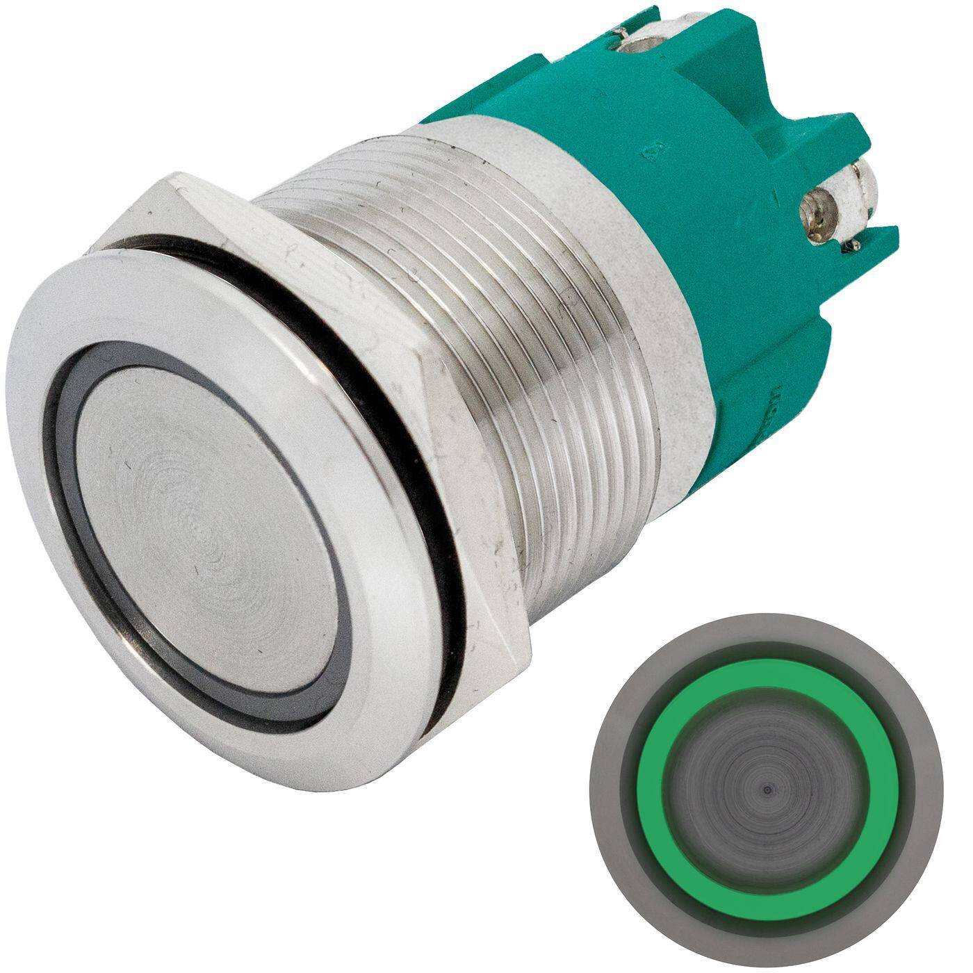 Lumonic Edelstahl Druckschalter flach 22mm Durchmesser I Mit einer Ring LED in Grün Maße: Schraubanschluss 250V 3A I Vandalismussicher nach dem IP65 Standard
