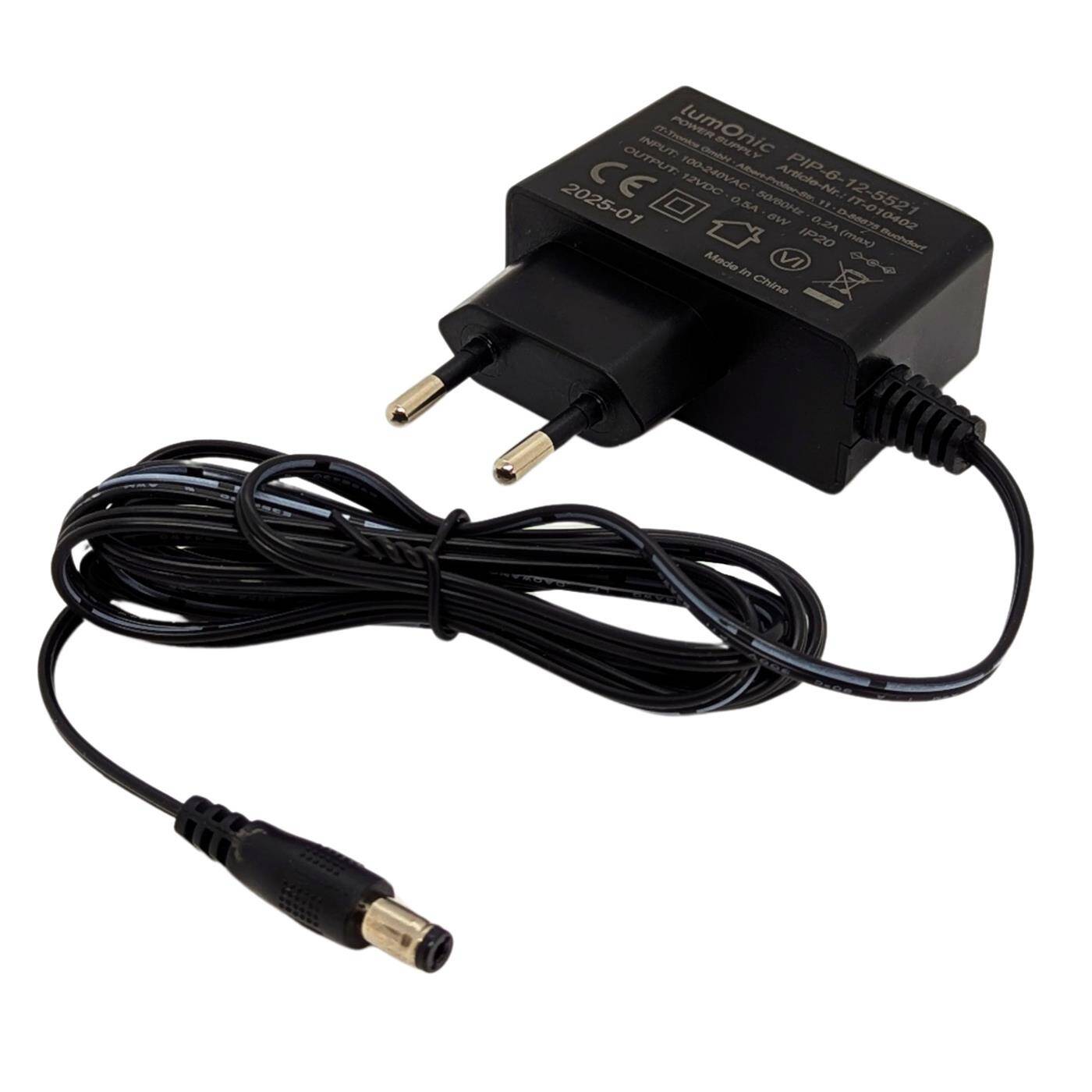 Lumonic I LED plug-in power supply PIP-6-12 I 12V 6W I Input 100-240VAC I Extra long cable with hollow plug 5,5/2,1 I Overload protection I universeller EU-Netzadapter I for LED strips