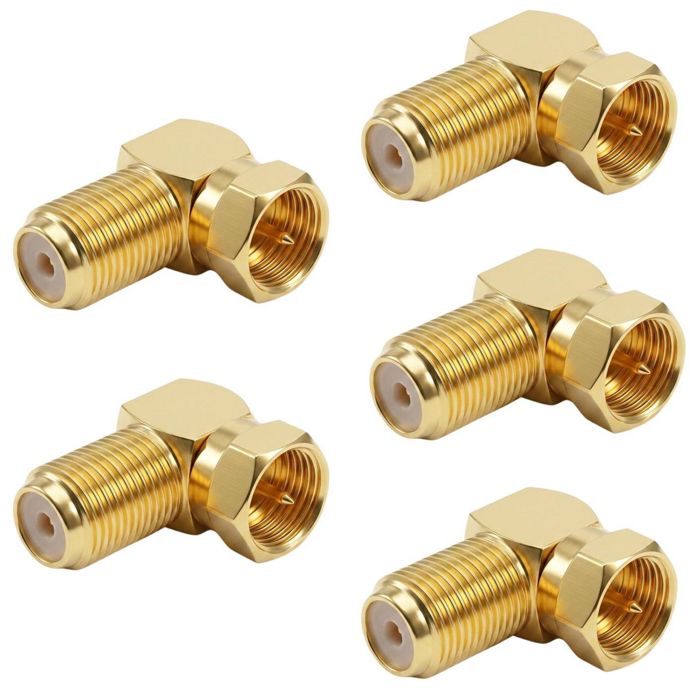 Lumonic 5 Stück F-Winkeladapter vergoldet | 90° gewinkelter Buchsen-Stecker-Adapter | Knickschutz | F-Winkelstecker für Koaxialkabel, SAT Kabel, Kabelinternet