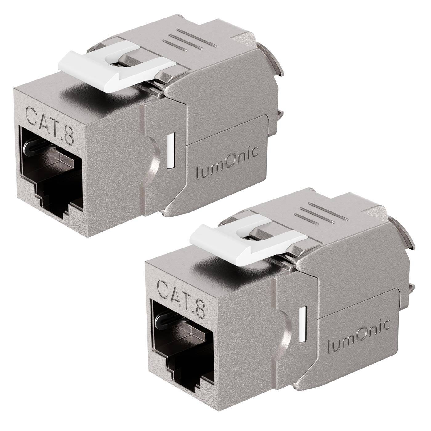 2er Set Keystone RJ45 CAT8.1, einfache, werkzeuglose Montage, T568A/B farbcodiert, für Wanddose + Patchpanel, PoE, bis 40Gbit/s, 360° Schirmung, Zugentlastung mit Kabelbinder, Metallgehäuse, Jack Modul