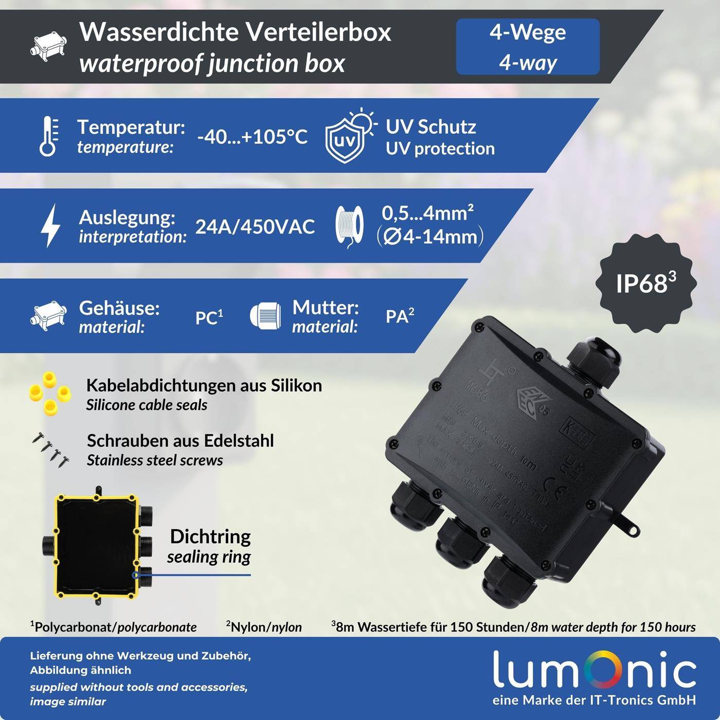 Lumonic 4-way junction box watertight IP68 | Fast, secure cable distribution | for cables 0.5-4mm² | UV-resistant, -40°C to+ 105°C | Junction box for outdoor, garden, underground cable